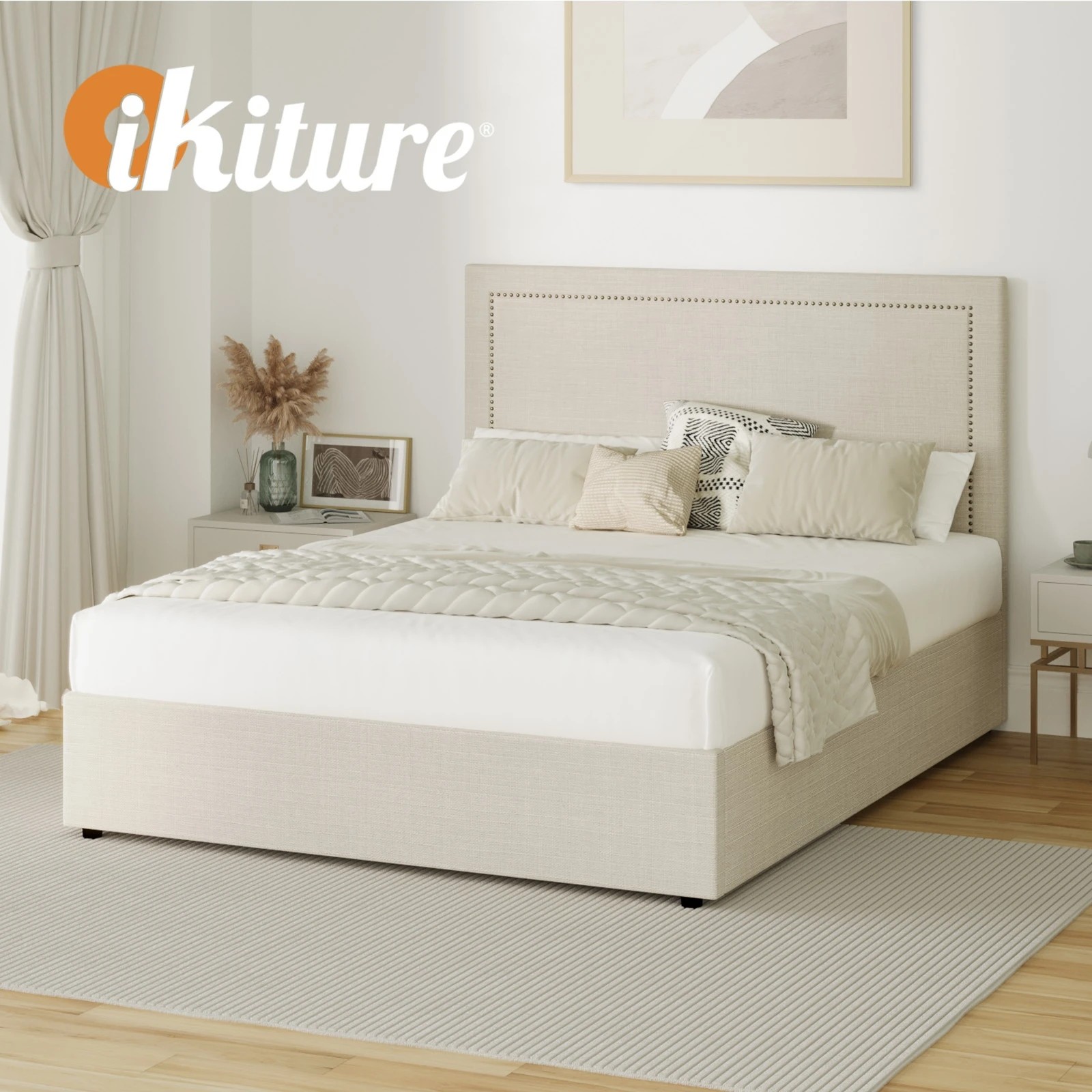 6 Oikiture Double Bed Gas Lift Bed Frame
 - Beige, 6 of 10