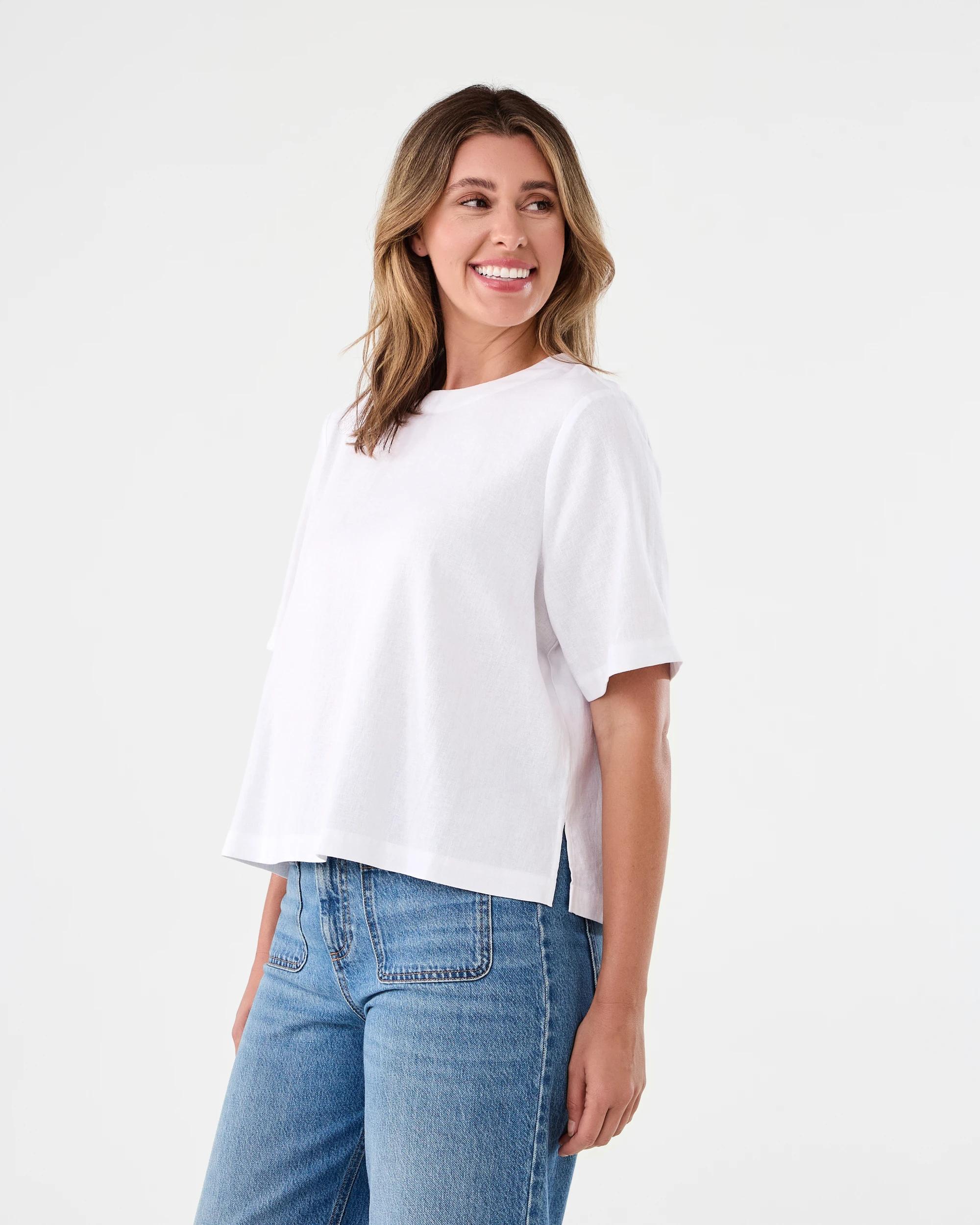 2 Short Sleeve Linen Blend Boxy Top White, 2 of 7