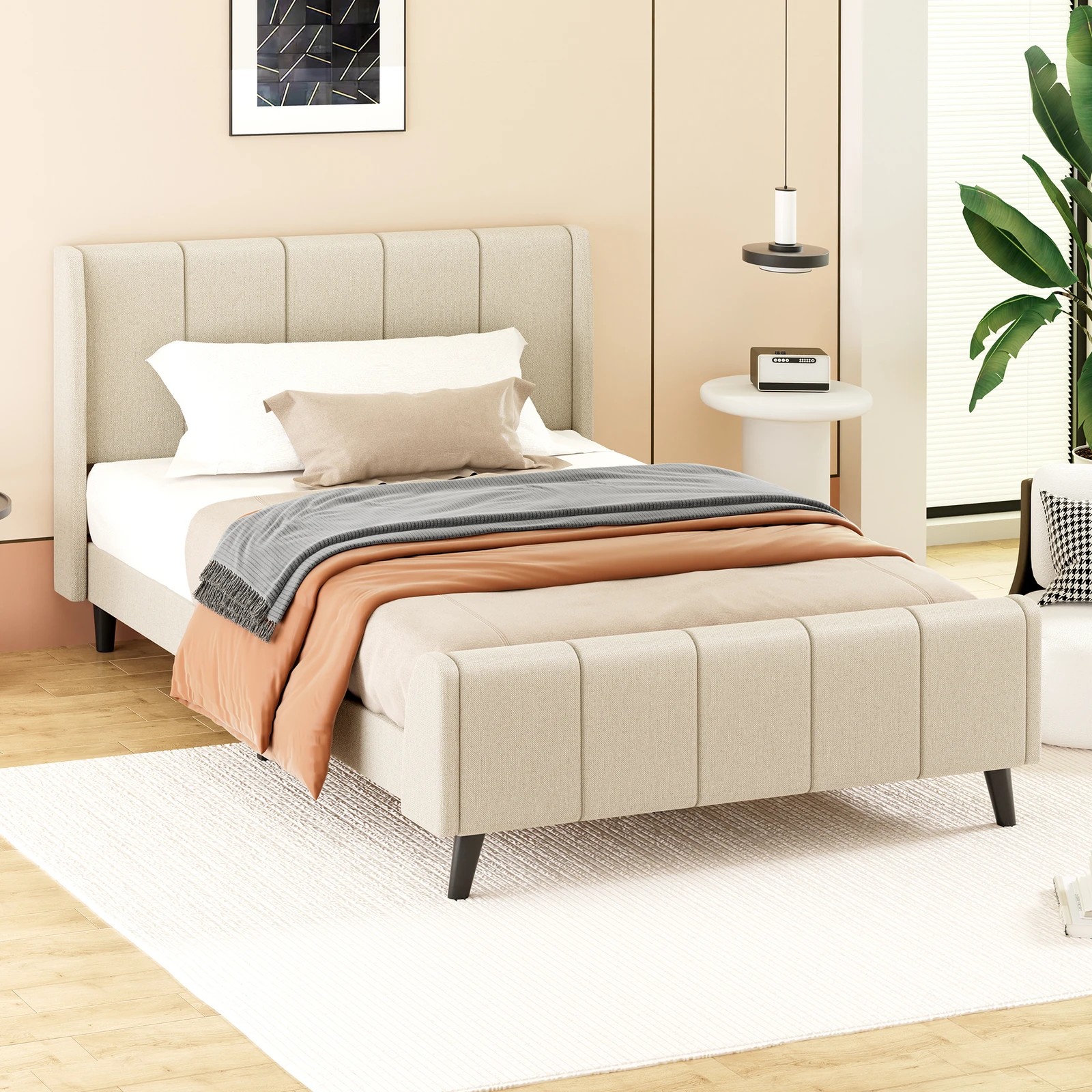 9 Alfordson Bed Frame Single Size Tufted Headboard Base Beige Fabric Hundolf - Beige, 9 of 10