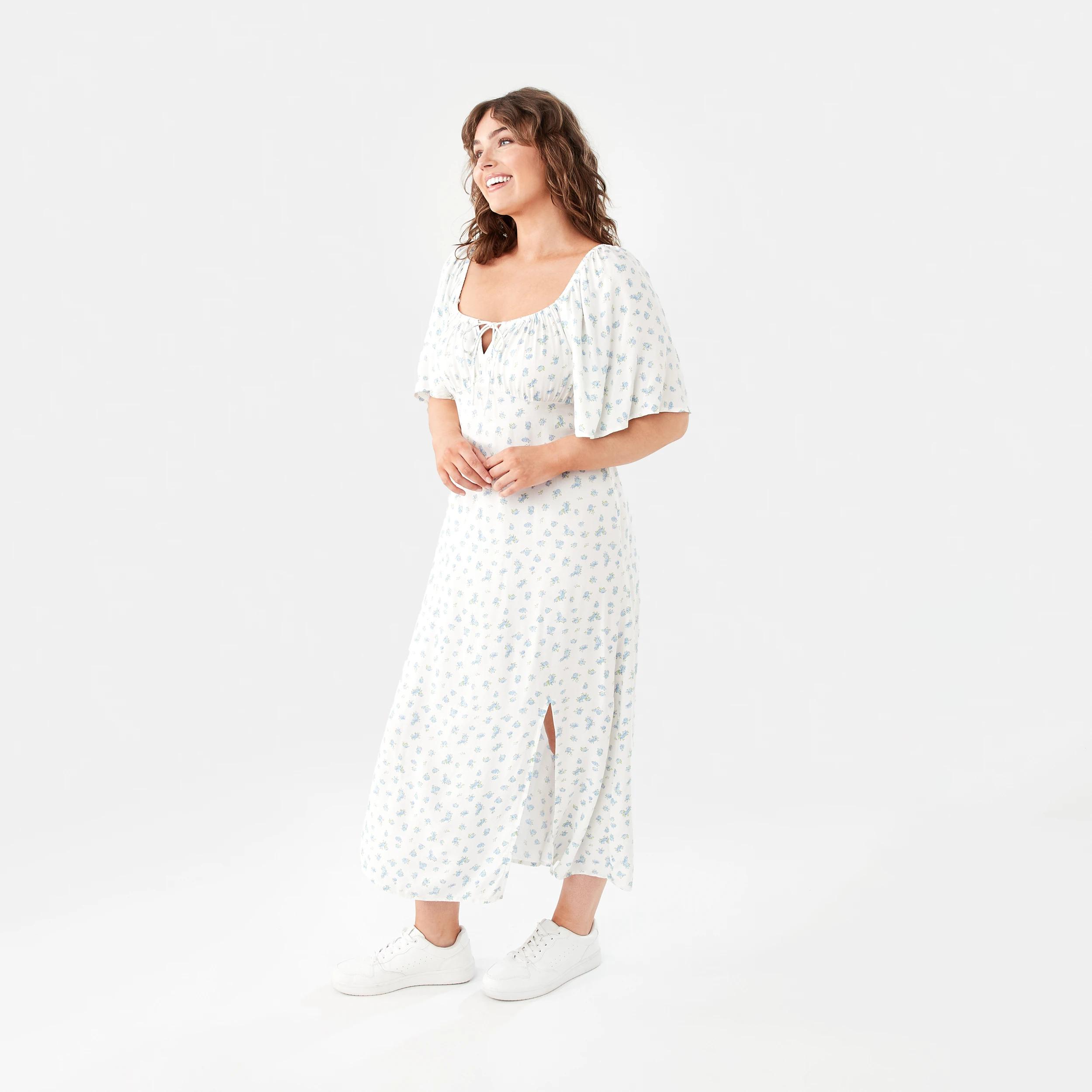 3 Short Sleeve Square Neck Tea Midi Dress DITSY ROSE CLOUD WHITE, 3 of 8