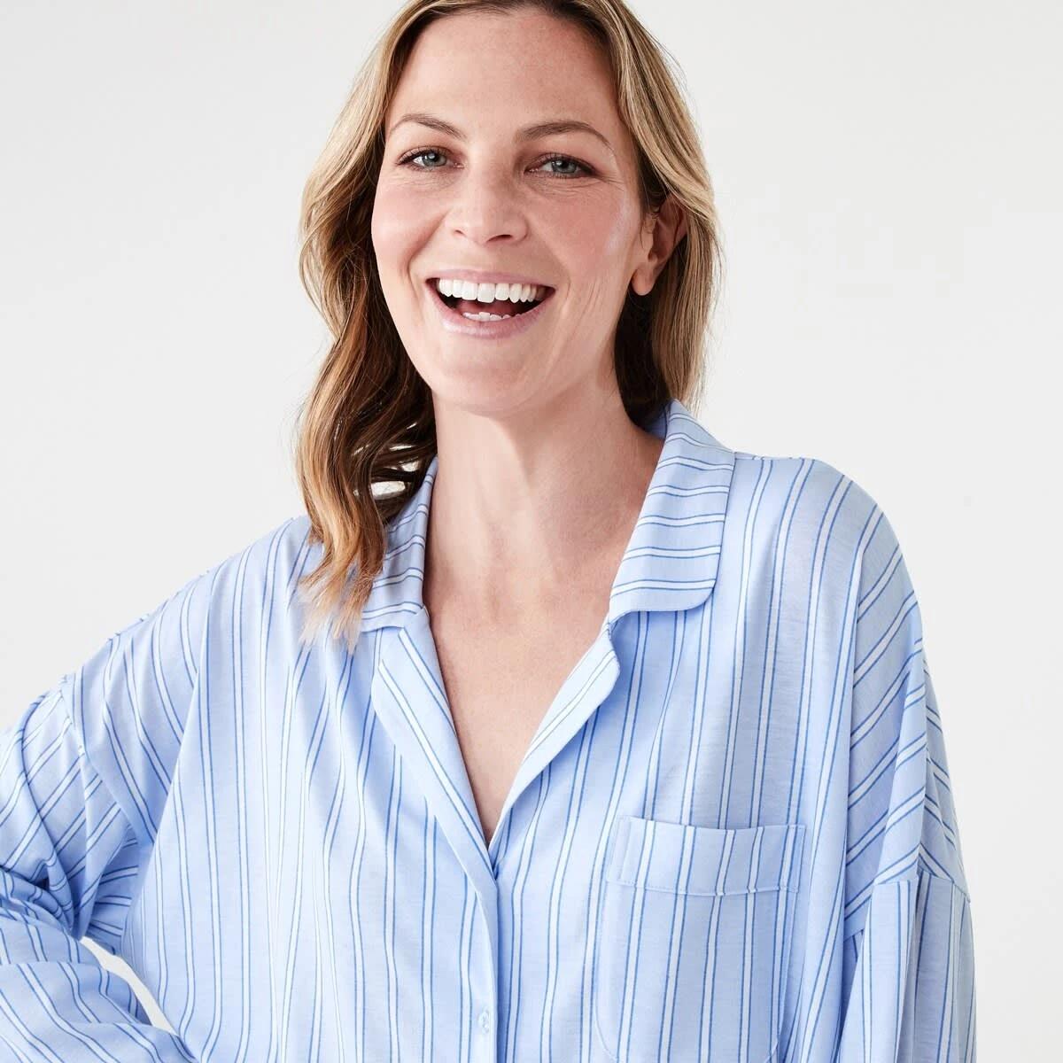 4 Long Sleeve Top and Shorts Comfort Pyjama Set TONAL STRIPE HALOGEN BLUE, 4 of 8