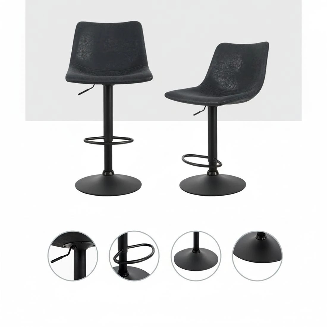 5 Artiss 2x Bar Stools Vintage Leather Swivel Gas Lift - Black, 5 of 6