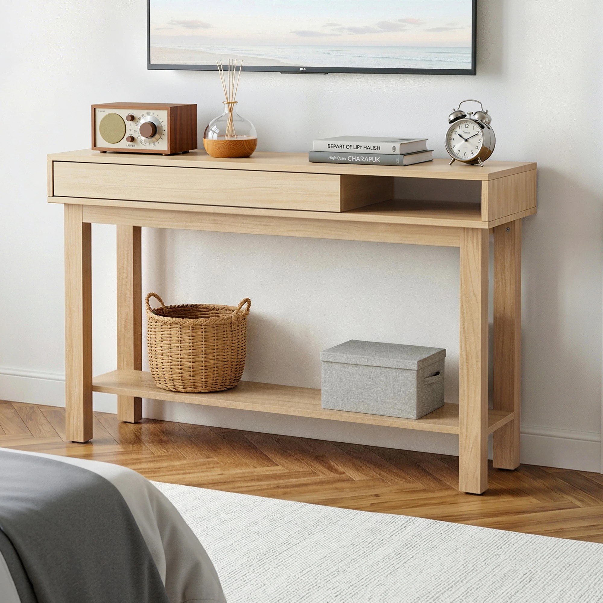 5 Artiss Console Table Entryway Hallway Sofa Side Table Drawer Shelf 100CM Wood - Natural, 5 of 8