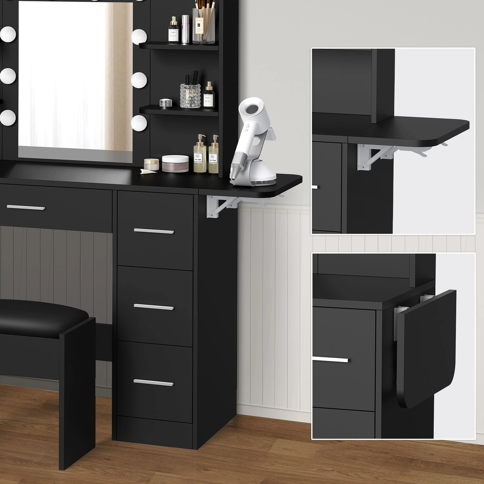 3 Alfordson Dressing Table Stool Set Makeup Mirror Vanity Desk LED Bulbs - Black, 3 of 10