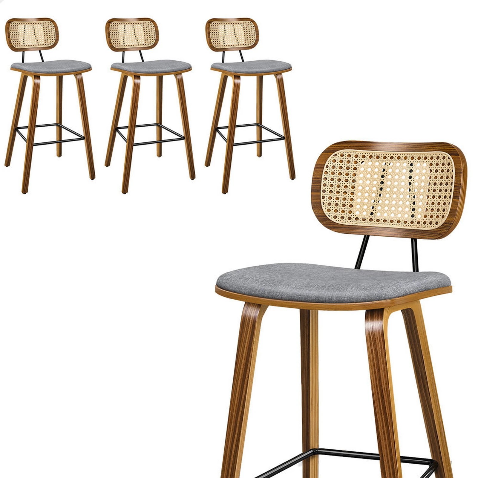 1 Alfordson 4x Bar Stools Kitchen Vintage Fabric Seat Rattan Chair Wooden - Grey, 1 of 9