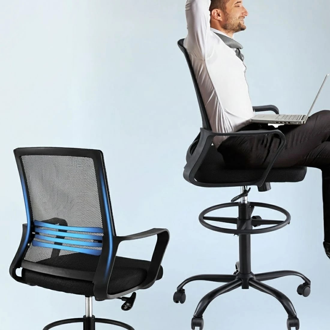 5 Artiss Office Chair Drafting Chairs Stool Computer Desk Studios Mesh - Black, 5 of 6