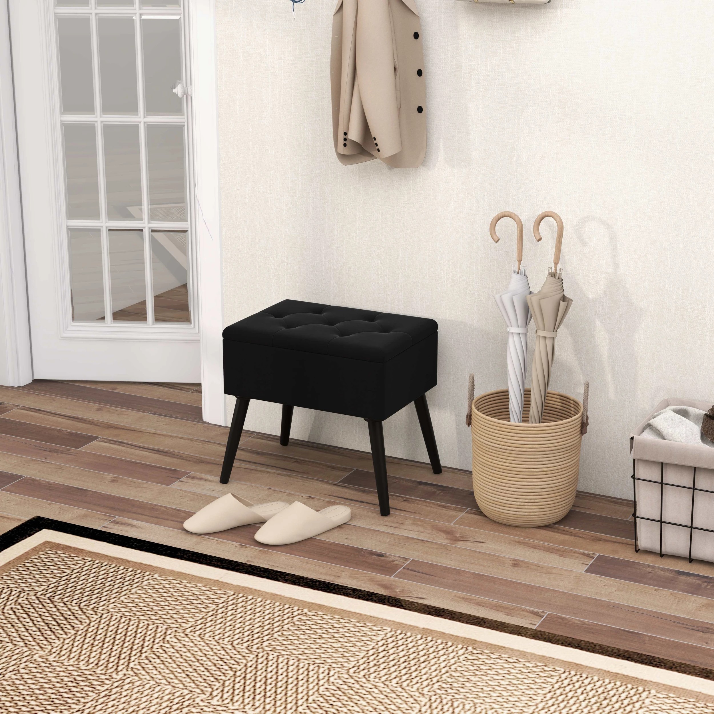 3 Costway Storage Bench Ottoman Padded Stool Seat Fabric Bench Footrest Toy Blanket Box Wood Leg - Black, 3 of 4
