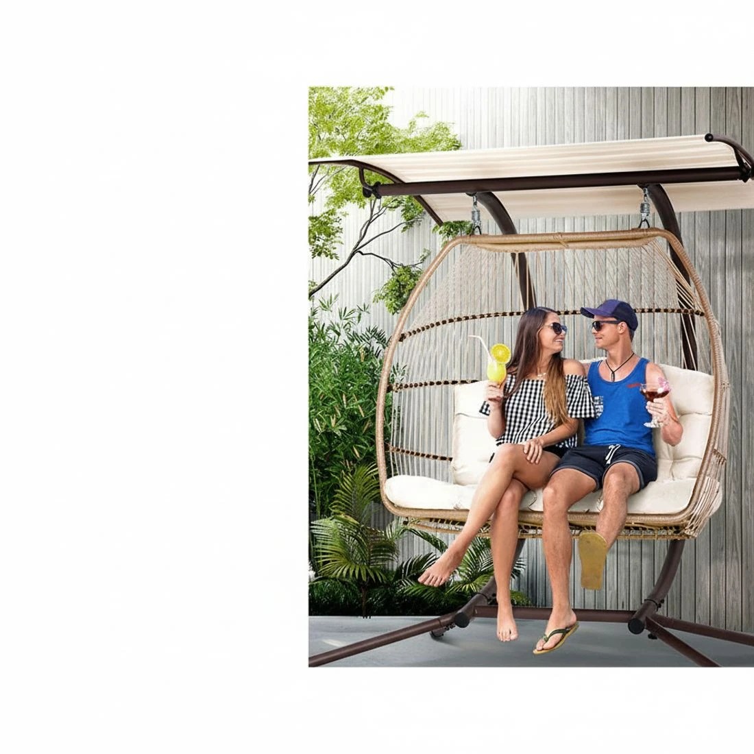 4 Gardeon Outdoor Egg Swing Chair Wicker Furniture Pod Stand Canopy 2 Seater - Beige, 4 of 6