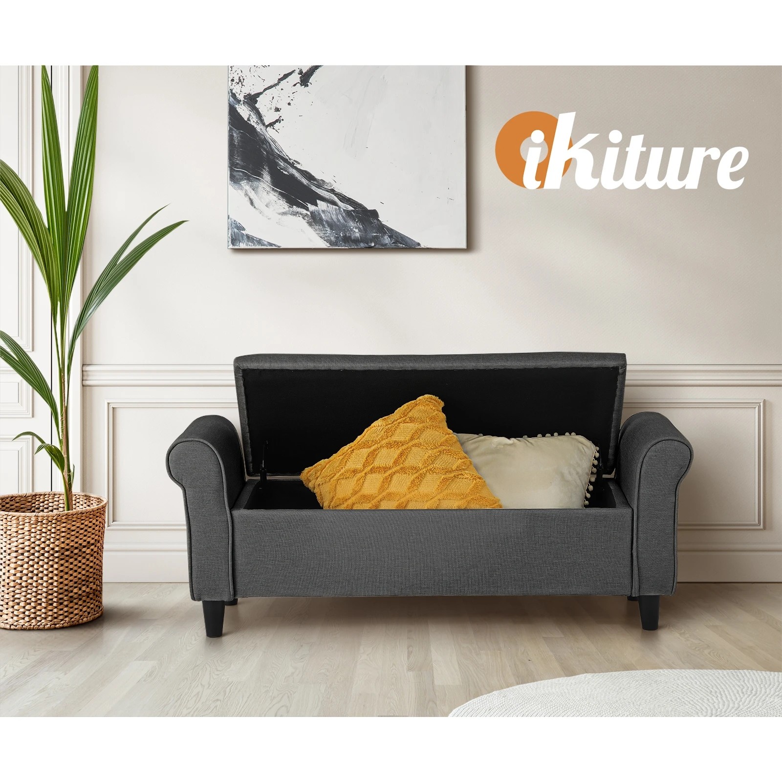 9 Oikiture Storage Ottoman Blanket Box Linen Fabric Arm Foot Stool Couch
 - Grey, 9 of 10