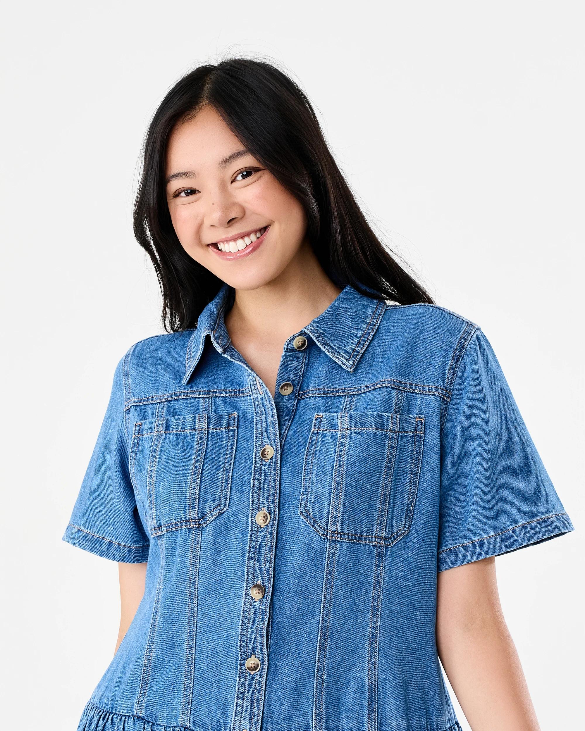 4 Short Sleeve Denim Button Through Midi Dress Dark Wash, 4 of 9