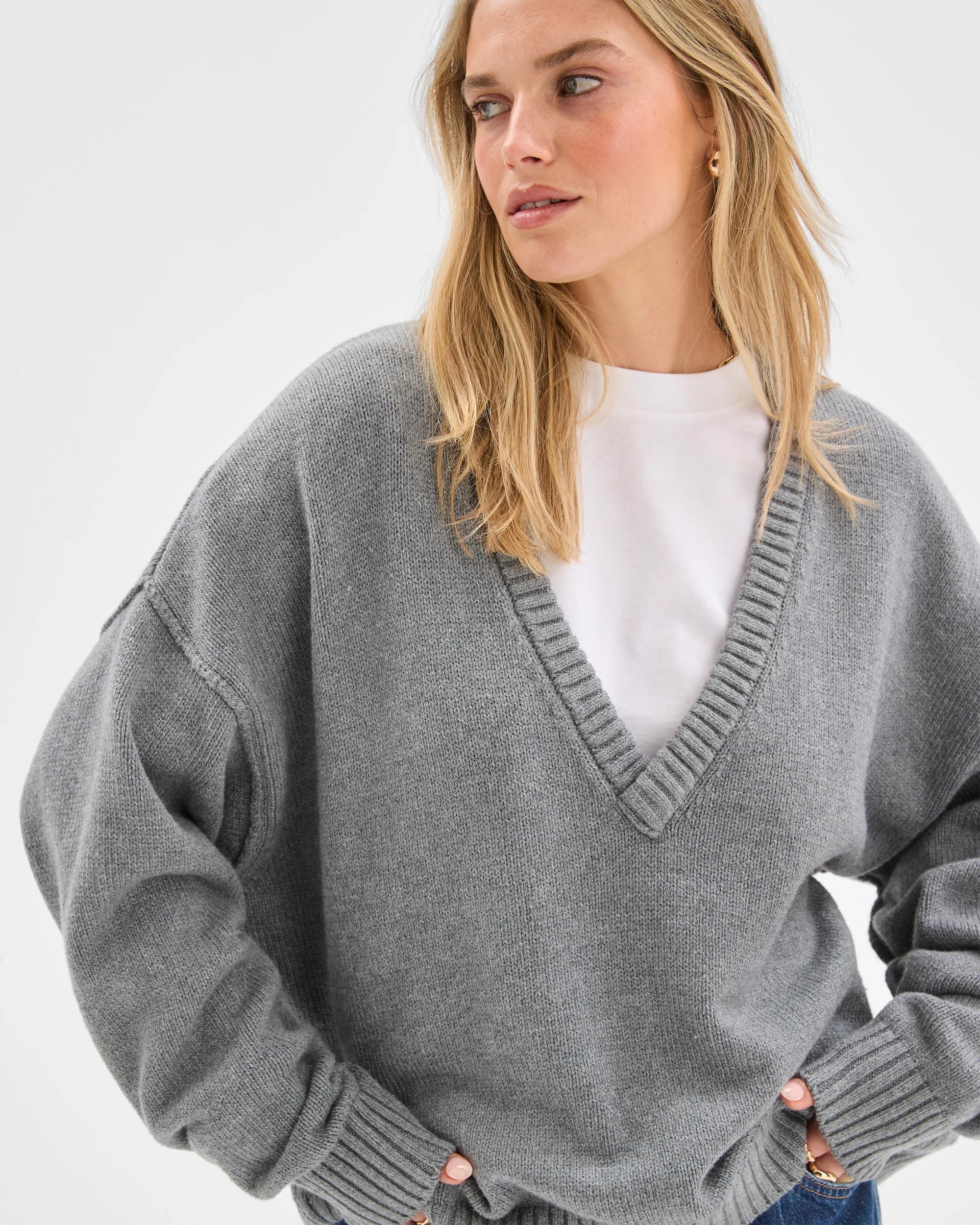 5 Lily Loves Australian Cotton Blend Deep V-Neck Jumper GREY MARLE, 5 of 7