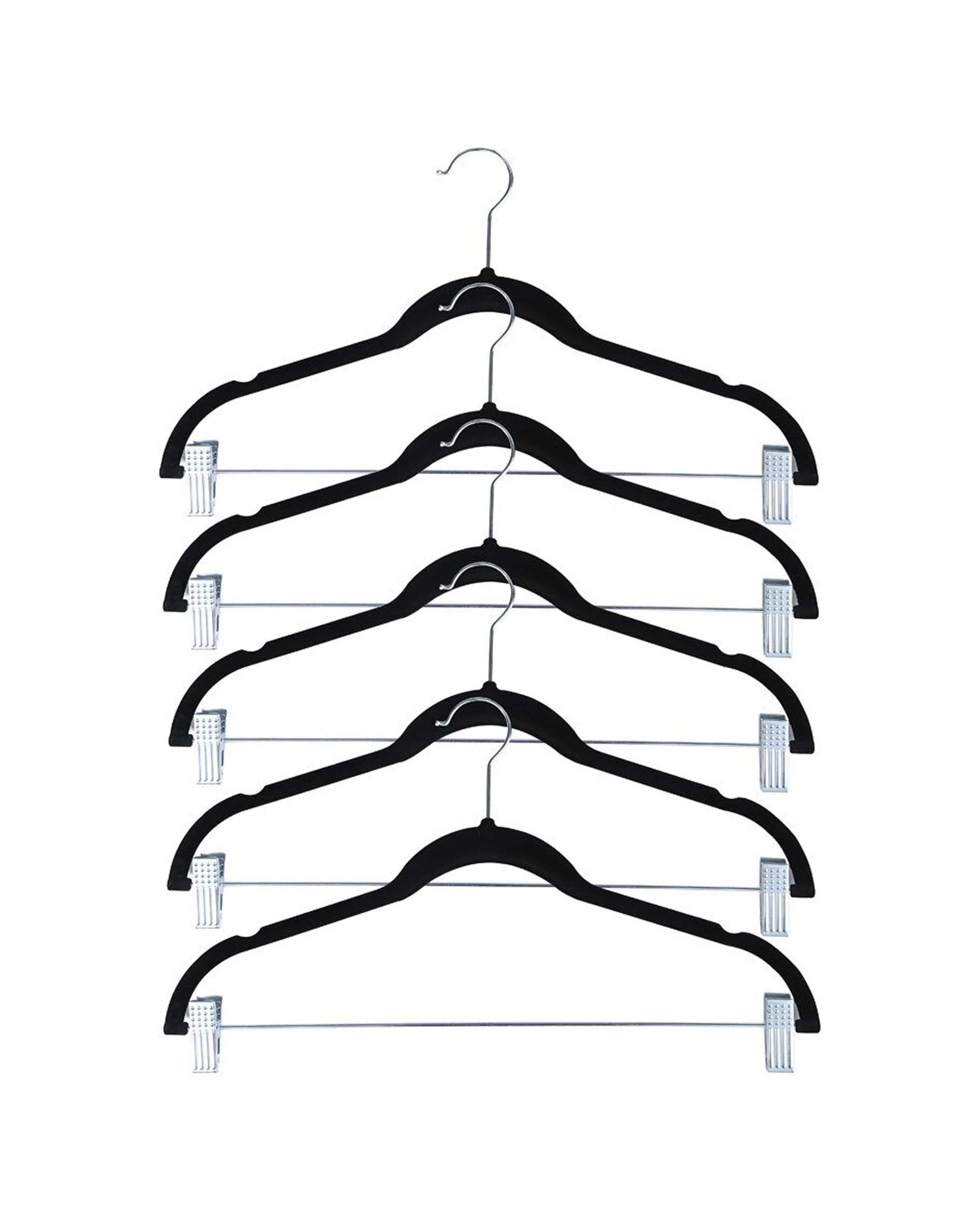 1 5pc Boxsweden Velvet Clothes/pants/trousers Hanging Hanger W/ Chrome Bar/clips - Black, 1 of 3
