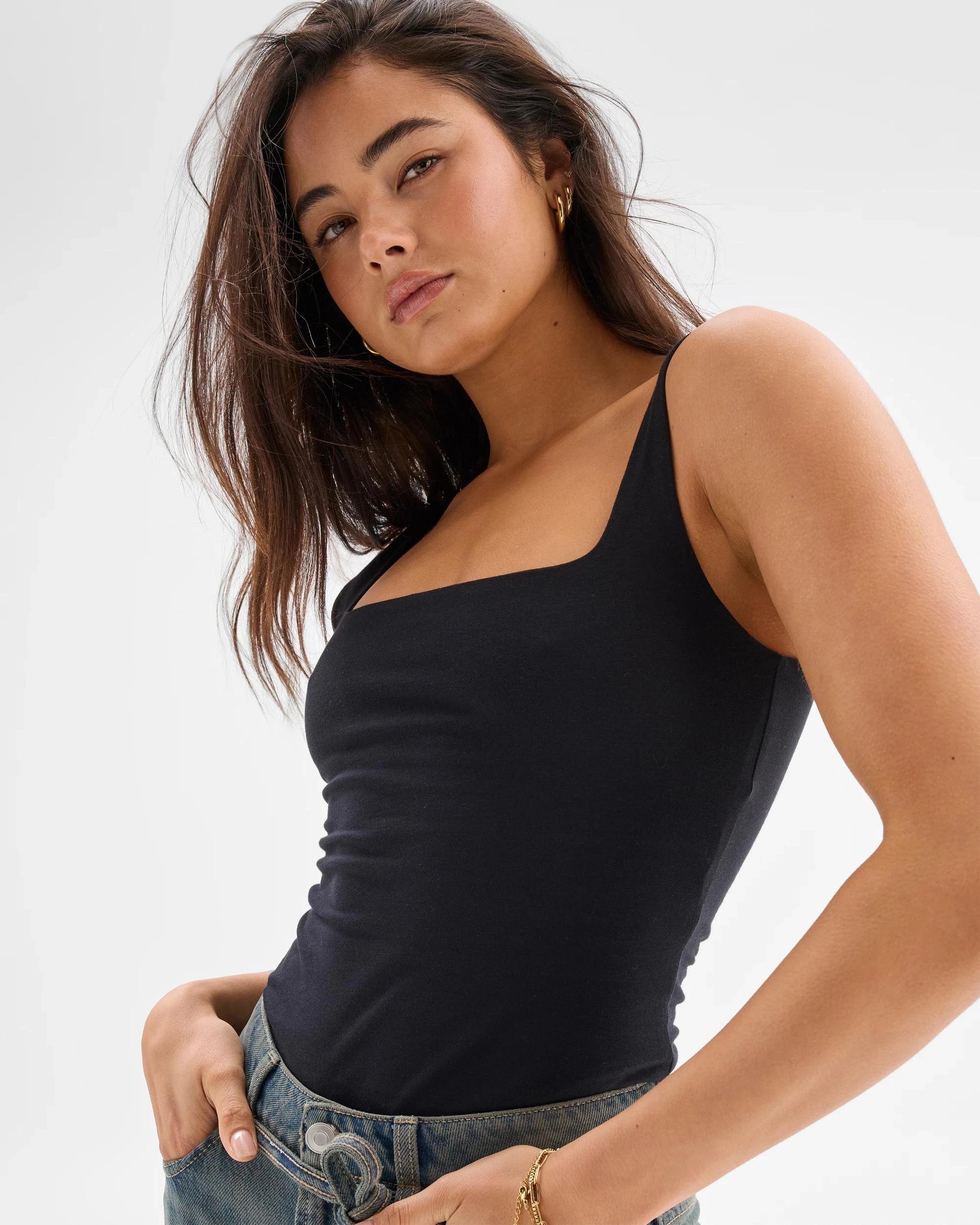 5 Australian Cotton Double Layer Square Neck Tank Top - Lily Loves BLACK, 5 of 6