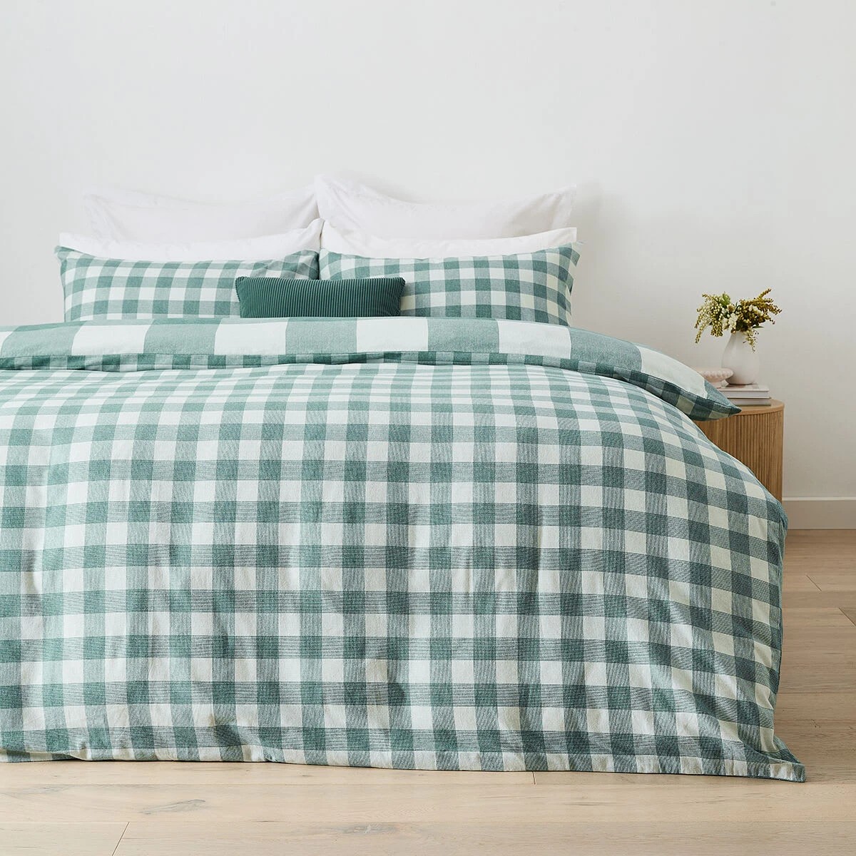 2 Check Flannelette Cotton Reversible Quilt Cover Set - Double Bed, Green, 2 of 7