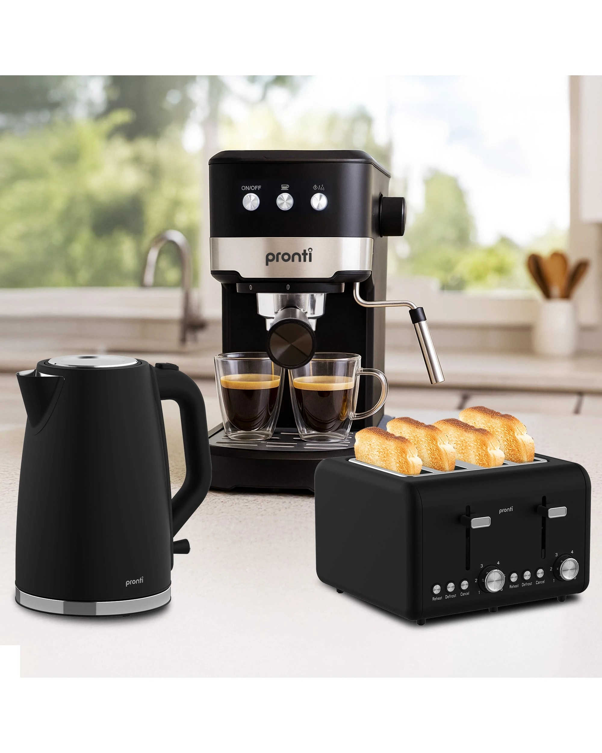 2 Pronti Silver Noir Breakfast Set - CM 850D 1.25L Espresso Machine, 1.7L Kettle, 4-Slice Toaster - Black, 2 of 5