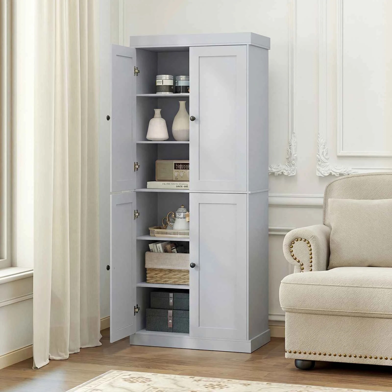 2 Costway 185cm 4 Door Buffet Sideboard Cupboard w/6-Tier Shelves Standing Storage Cabinet - Grey, 2 of 2