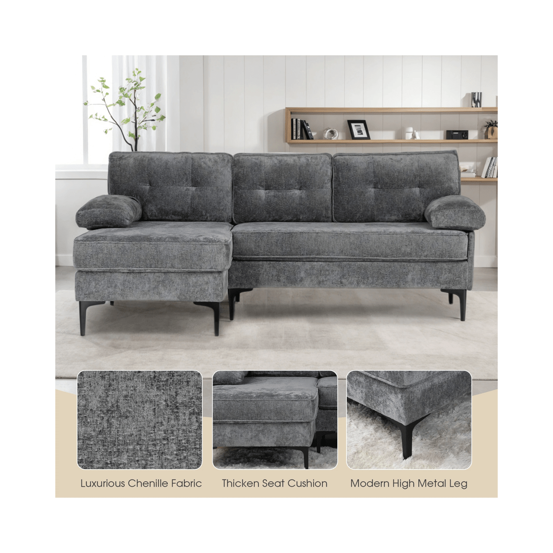 6 Advwin 3 Seater Sofa L-shape Chenille Lounge Couch W/ Reversible Chaise Grey, 6 of 9
