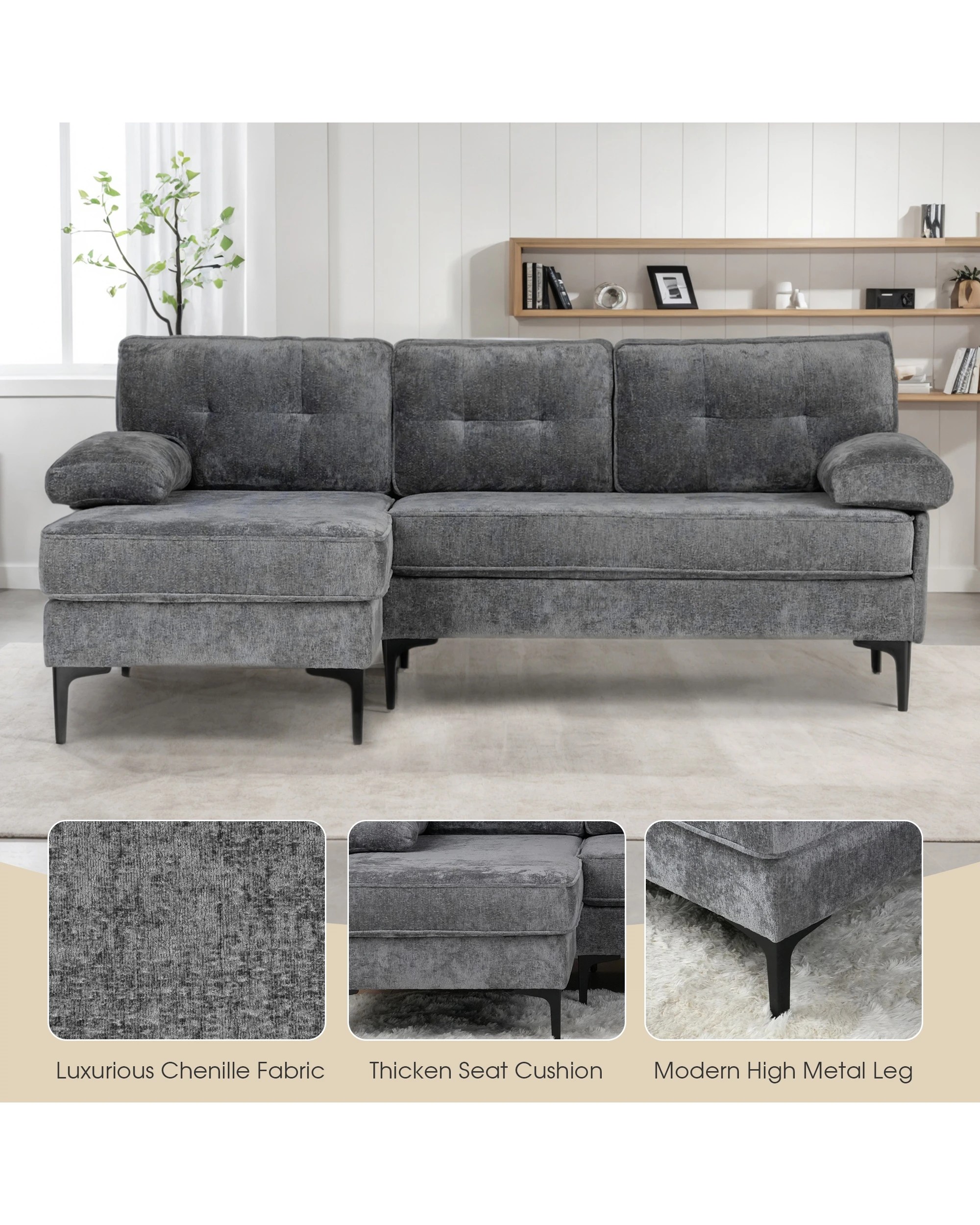 6 Advwin 3 Seater Sofa L-shape Chenille Lounge Couch W/ Reversible Chaise Grey, 6 of 9