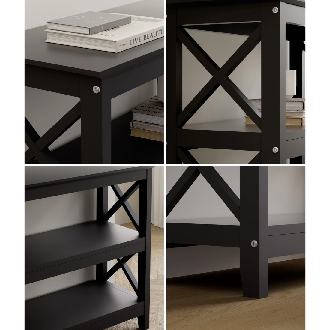 4 Oikiture 3-tier Console Table X-design Wood Sofa Table Hall Side Entry
 - Black, 4 of 10