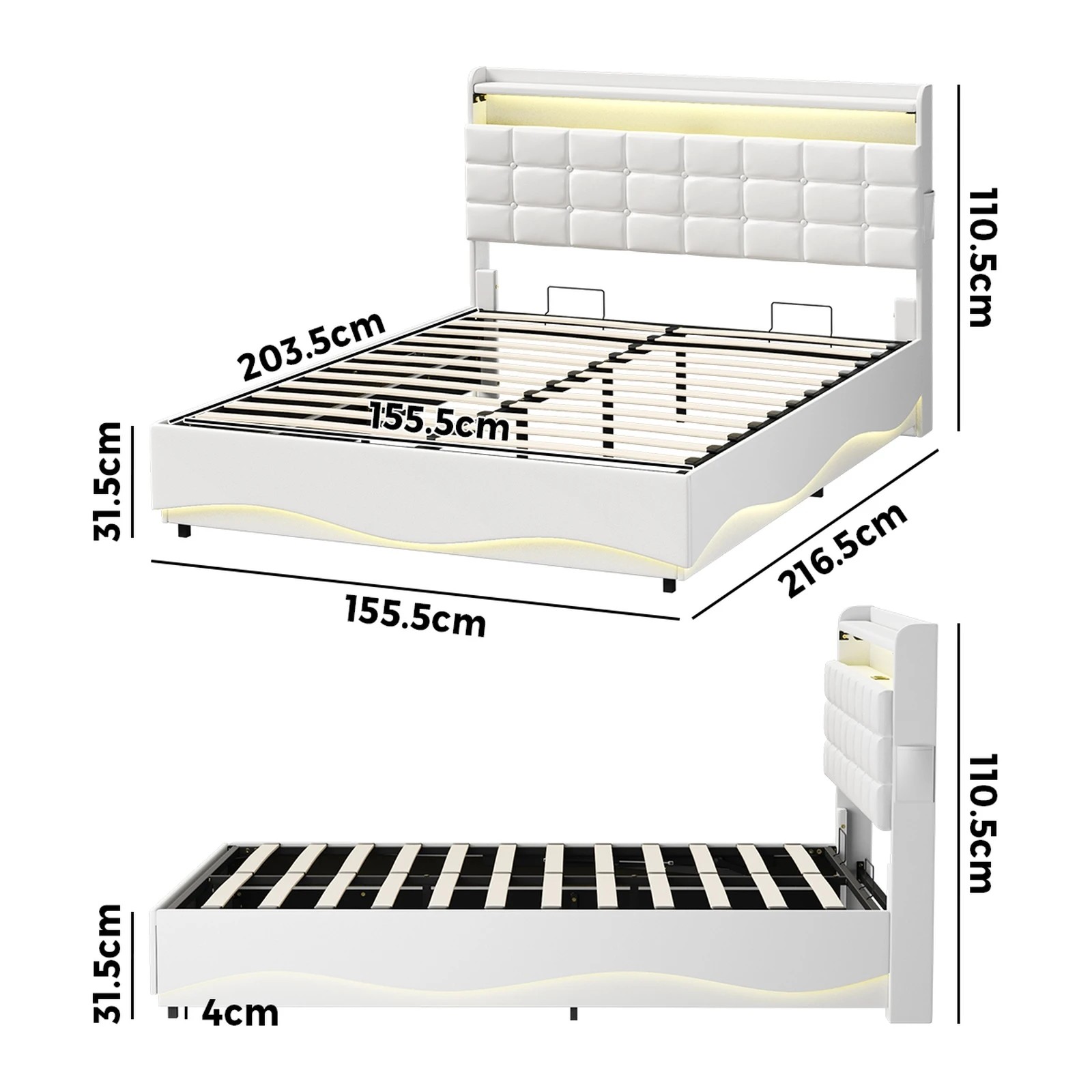 2 Oikiture Bed Frame Queen Size Gas Lift Base RGB LED Storage Headboard USB Charge - White, 2 of 6