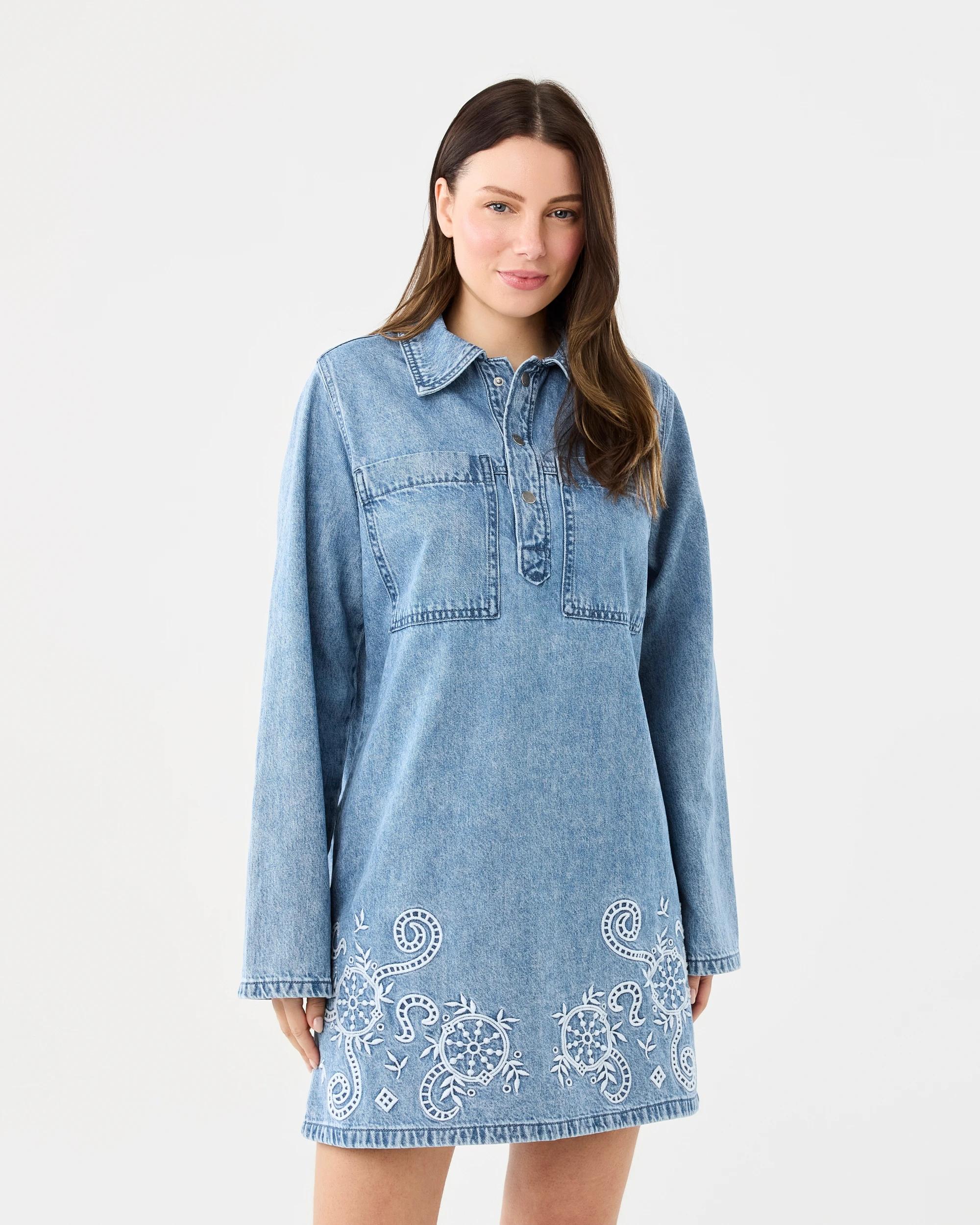 blue dress kmart Long Sleeve Denim Embroidered Mini non-UFL Lady Black Tie - Size:8.5M