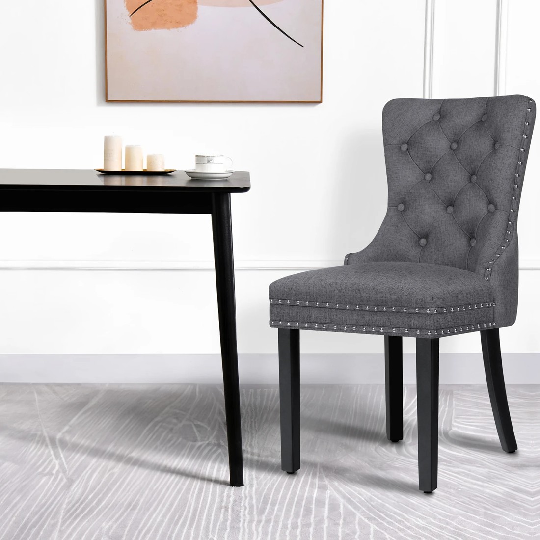 4 Alfordson 2x Dining Chair Kitchen Lounge Retro Button Tufted Wooden Fabric - Grey, 4 of 10