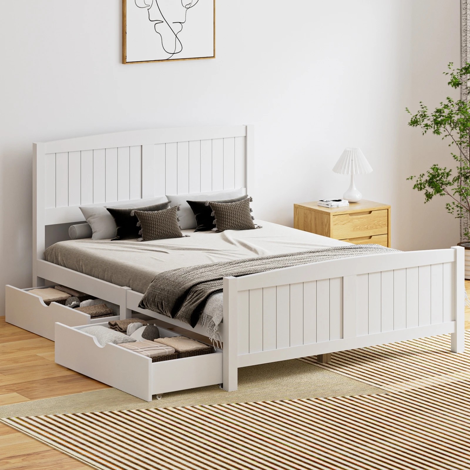 2 Oikiture Wooden Bed Frame Double Size Base With Trundle Storage Drawers
 - White, 2 of 8