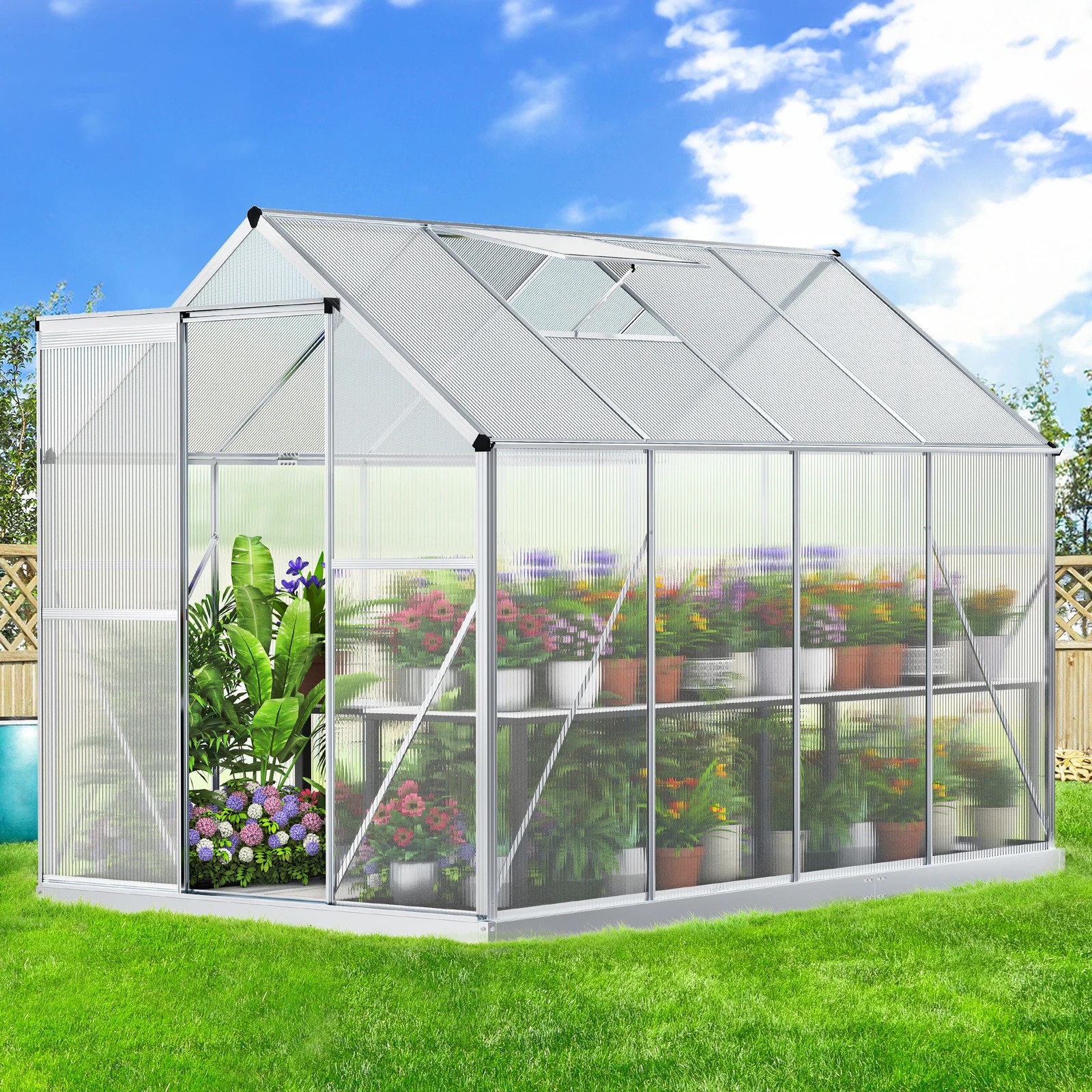 2 Alfordson Greenhouse Aluminium Polycarbonate Garden Storage Shed 1.9x2.5x1.8M - White, 2 of 7
