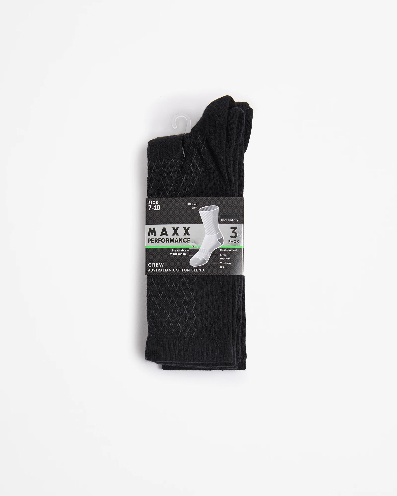 3 Australian Cotton Blend 3 Pack Performance Crew Socks - Maxx BLACK, 3 of 3