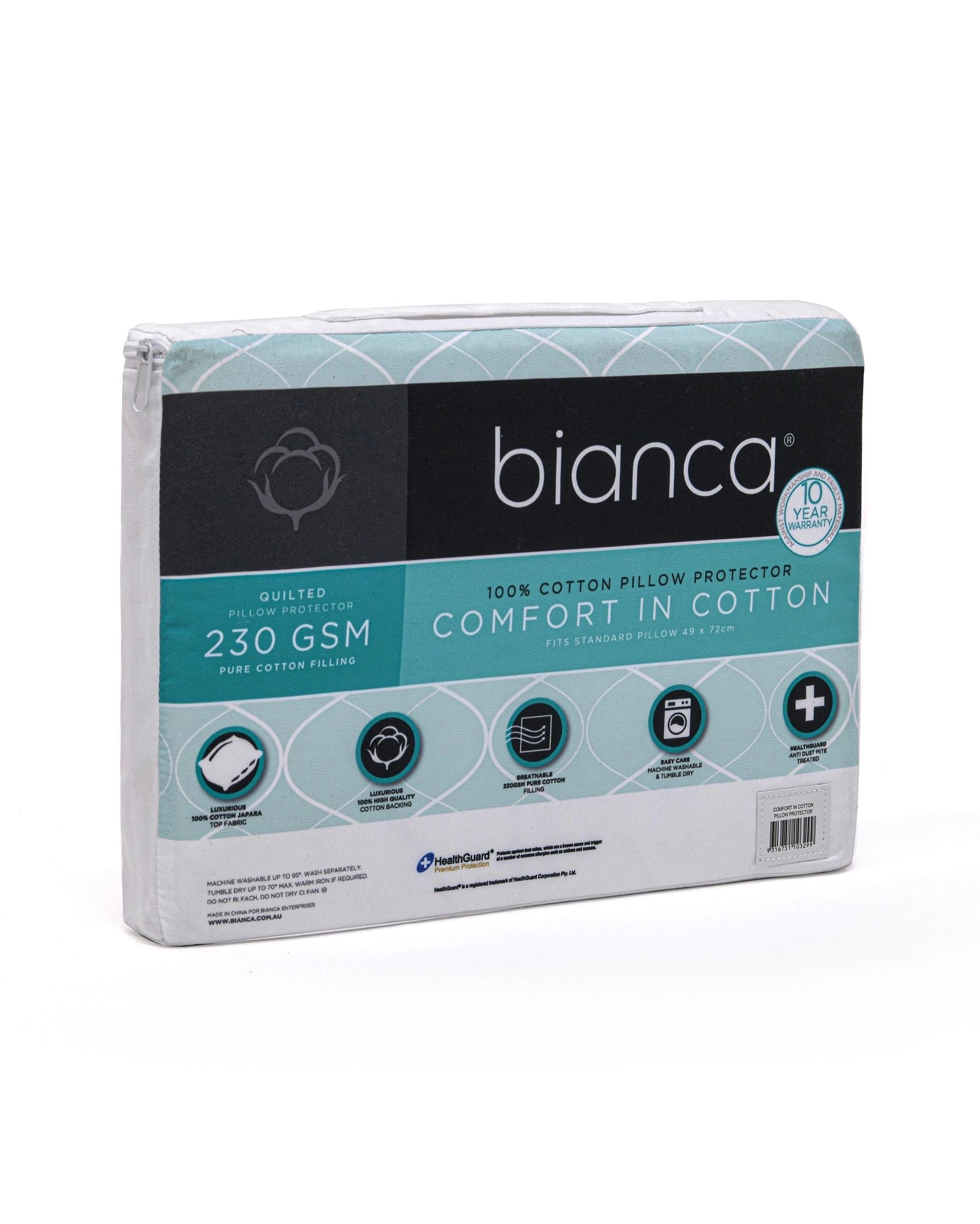 2 Bianca Comfort In Cotton 230gsm Quilted Pillow Protector - White, 2 of 3