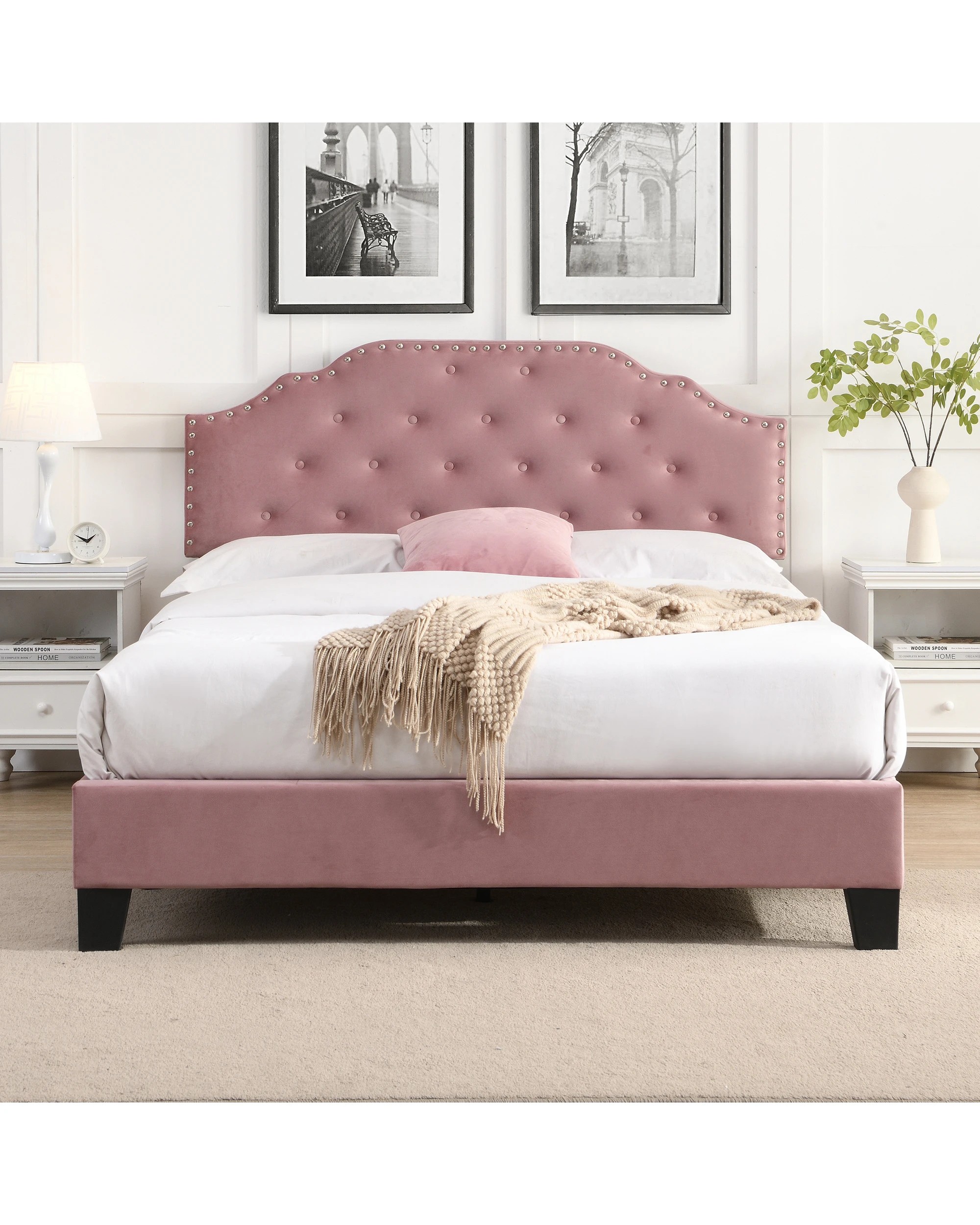 2 IHOMDEC BEF02 Queen Velvet Button Tufted Bed Frame - Pink - Pink, 2 of 10