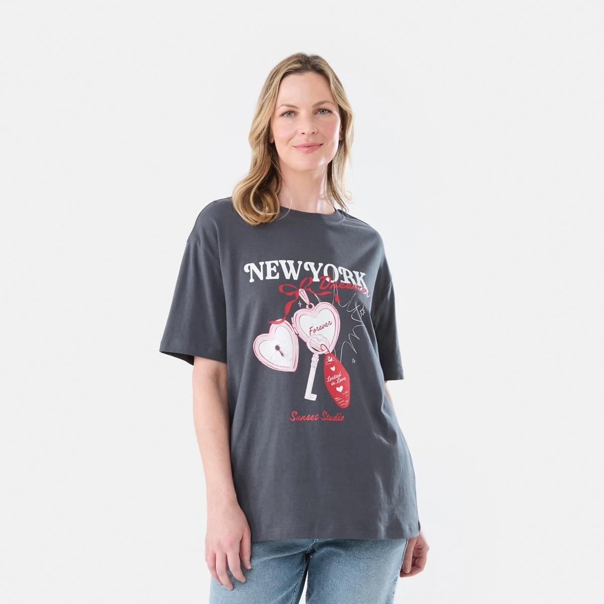 1 Short Sleeve Oversized Boyfriend T-shirt NY DREAMER LEAD GREY, 1 of 6