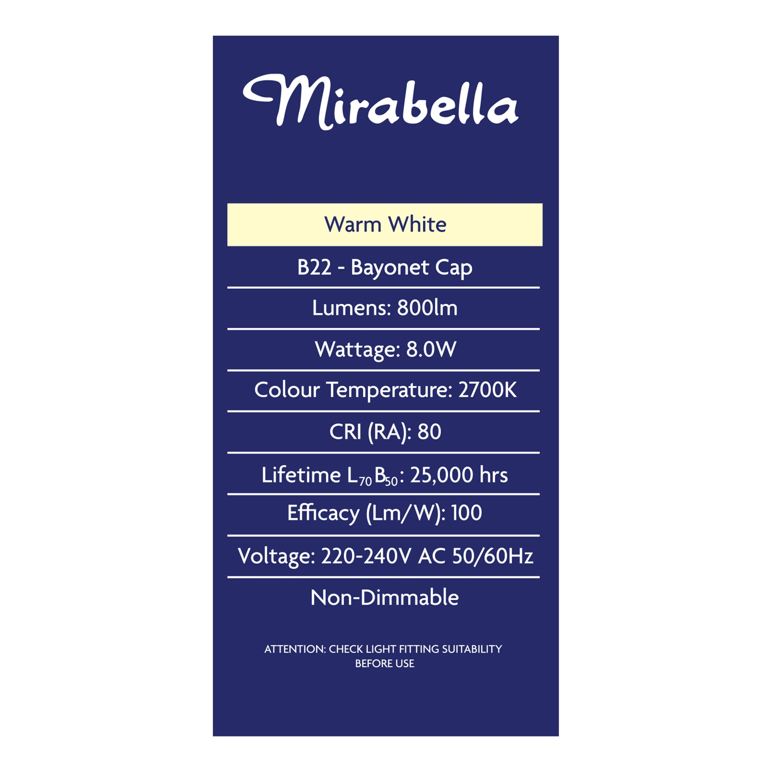 3 Mirabella LED GLS BC 2700K Warm White 8W Everyday Globe Bulb, 3 of 6