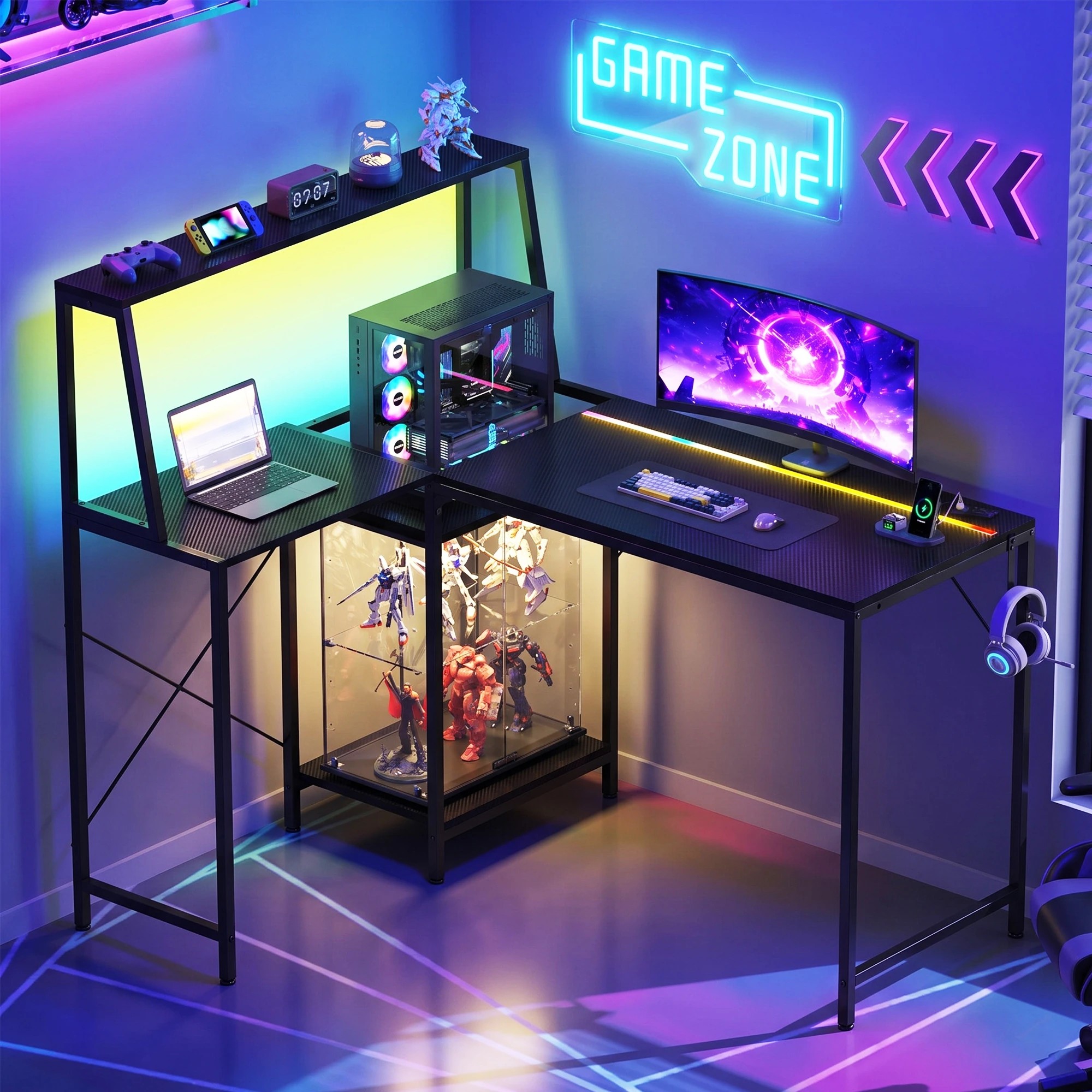 Advwin Computer Desk 115cm LED Gaming Desk w/ Adjustable Recessed Shelf ...