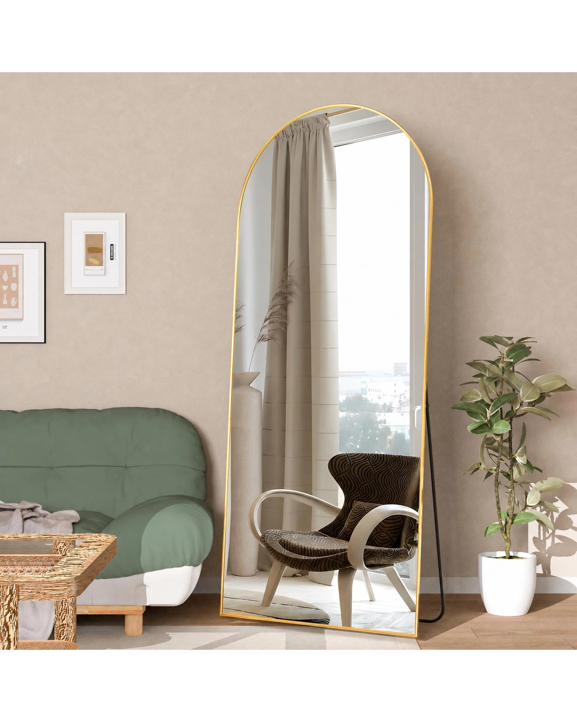 2 OAKORY 165x60cm Arched Full Length Mirror, Floor Mirror for Bedroom Living Room Entry Gold, 2 of 7