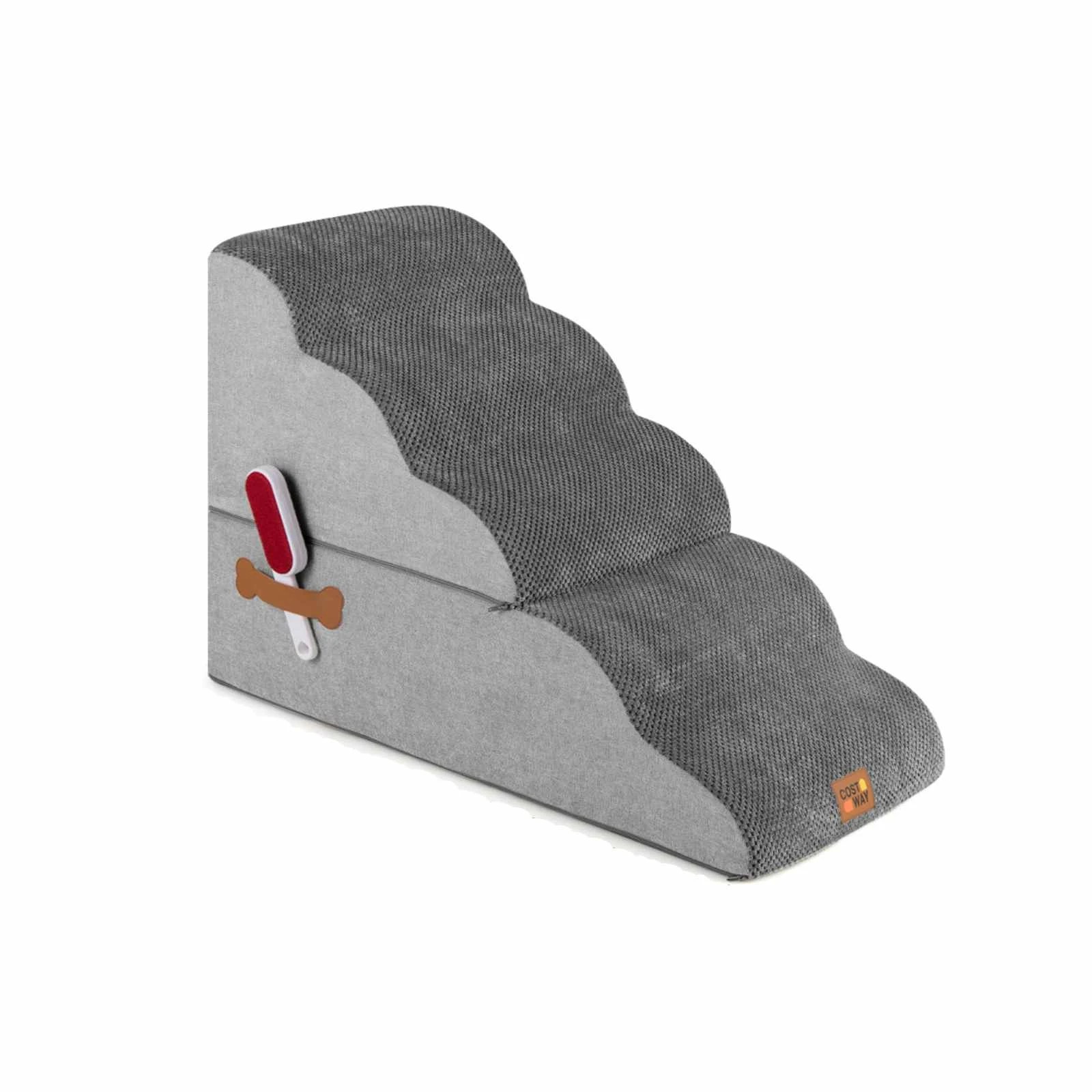 1 Costway 5-Tier Foam Pet Ramp 2-in-1 Dog Stair Ladder w/Hair Remover - Grey, 1 of 7