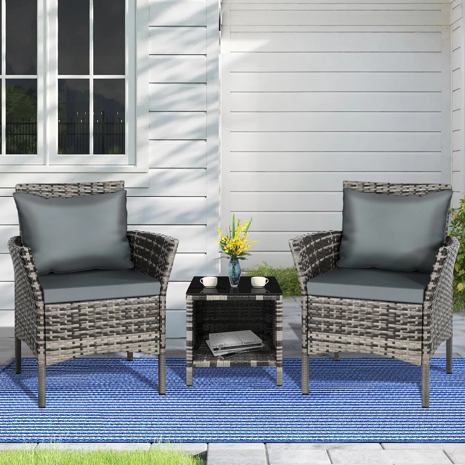 2 Alfordson Outdoor Furniture 3PCS Wicker Bistro Set Patio Chairs Table With Pillow - Mixed Grey, 2 of 10
