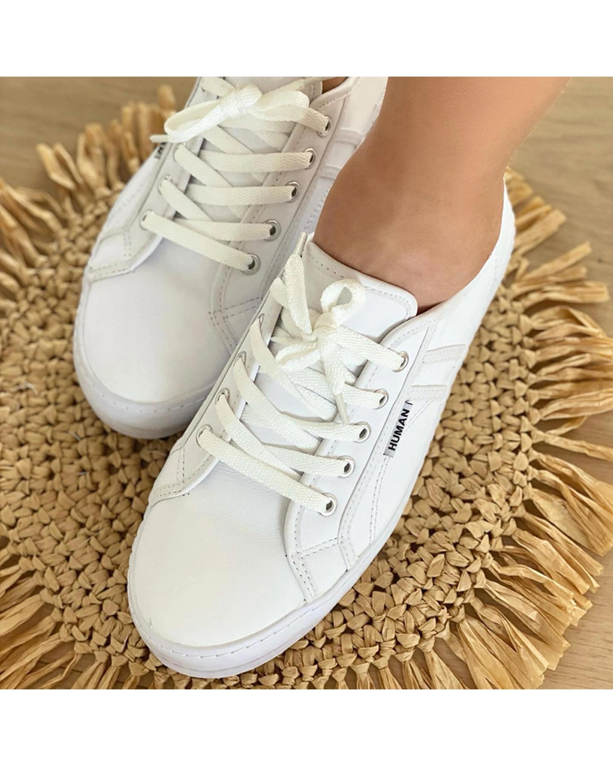 4 Human Shoes Cass Women's Leather Vulcanised Lace Up Sneakers White WHITE, 4 of 4