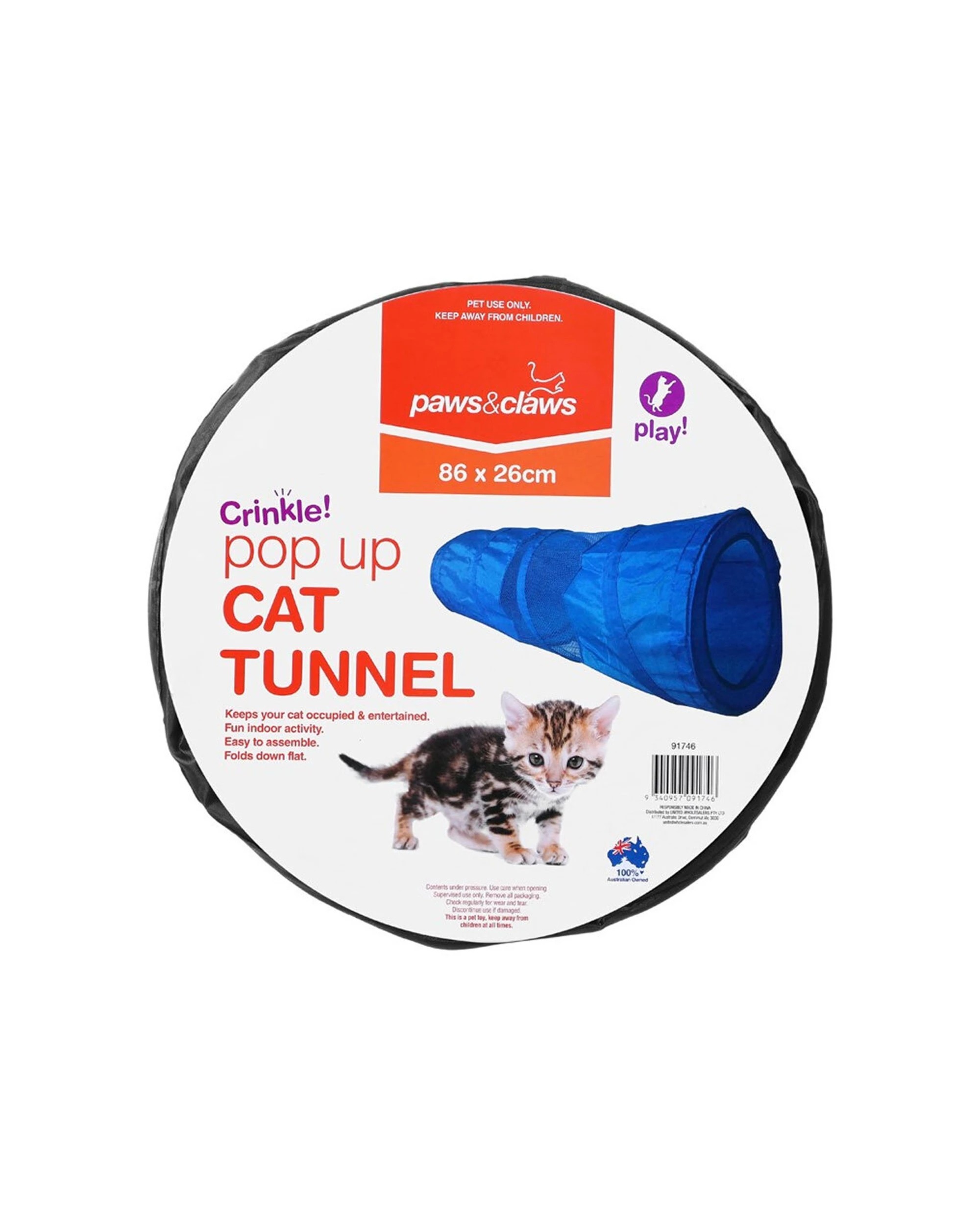 4 Paws And Claws 86cm Collapsible Crinkle Pop Up Cat Tunnel Assorted Colours - Pet Toy
 - Black, 4 of 4