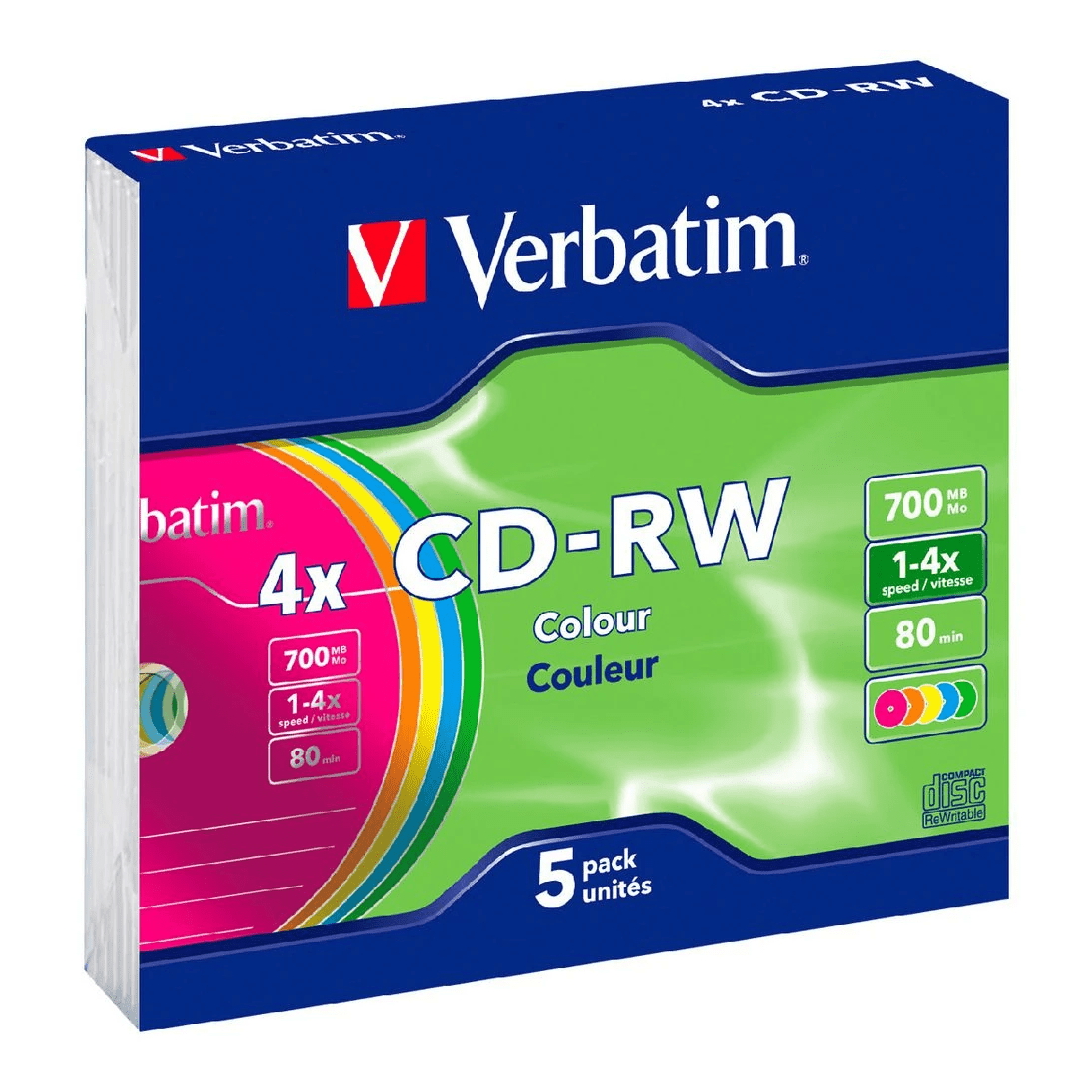 1 Verbatim CD-RW 700MB 2x-4x Slim Coloured Case 5 Pack, 1 of 1