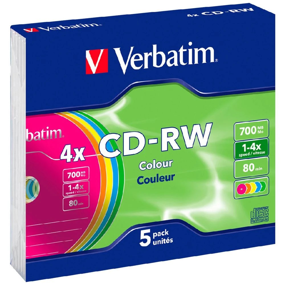 1 Verbatim CD-RW 700MB 2x-4x Slim Coloured Case 5 Pack, 1 of 1