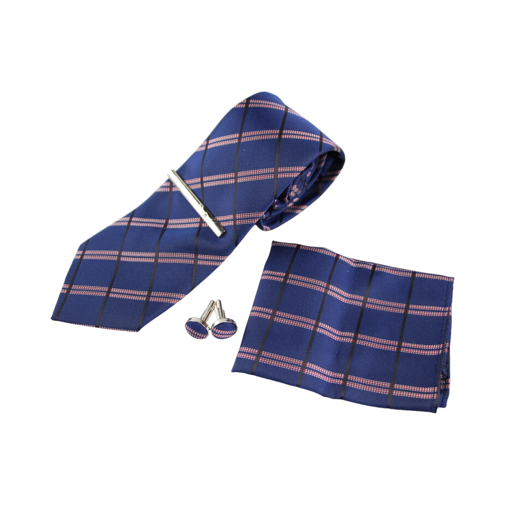 4 Zasel Mens Navy, Black & Red Checkered Matching Neck Tie, Pocket Square, Cuff Links And Tie Clip Set - Multi - Multi, 4 of 4