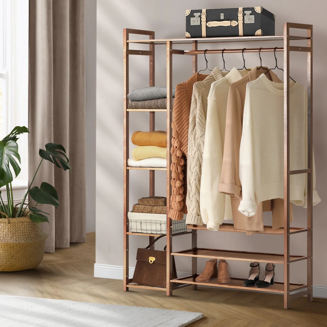 2 Oikiture Clothes Rack Open Wardrobe Garment Coat Hanging Rail Bamboo 8 Shelves
 - Natural, 2 of 10