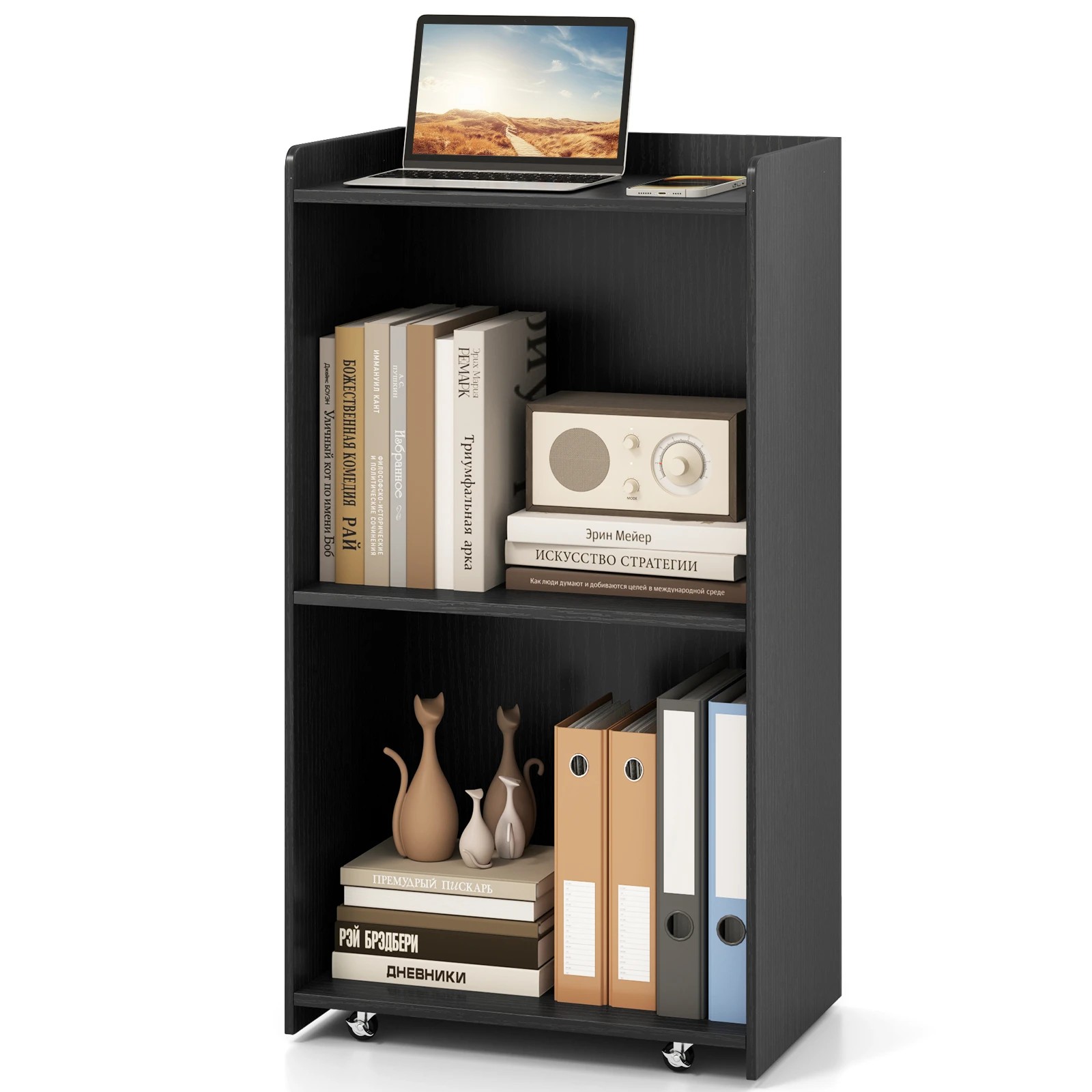 6 Costway 105cm Rolling Lectern Stand Presentation Podium w/Storage Shelves - Black, 6 of 6