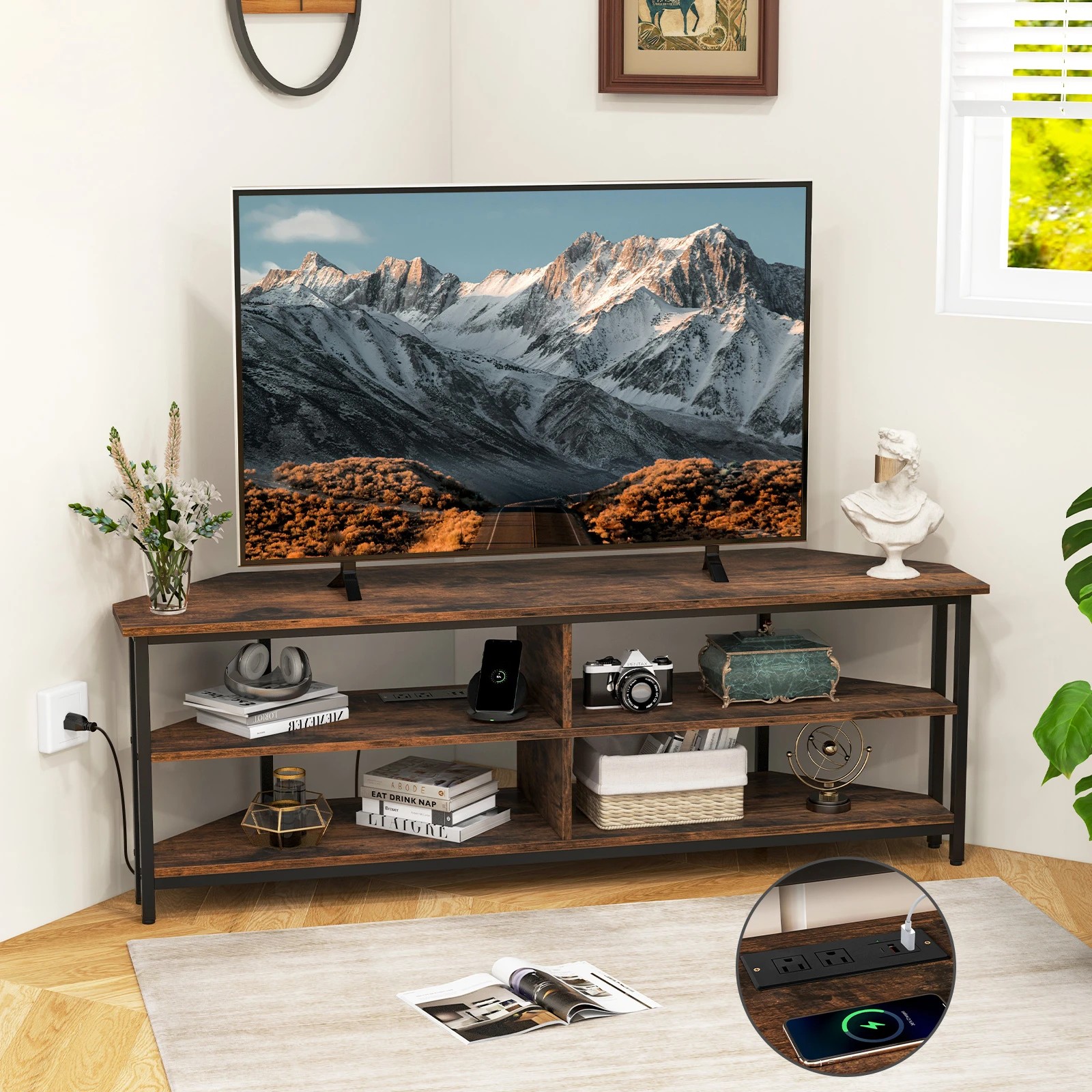 2 Costway Adjustable TV Cabinet Metal Frame Media Console Table w/Power Strip Entertainment Unit, 2 of 2