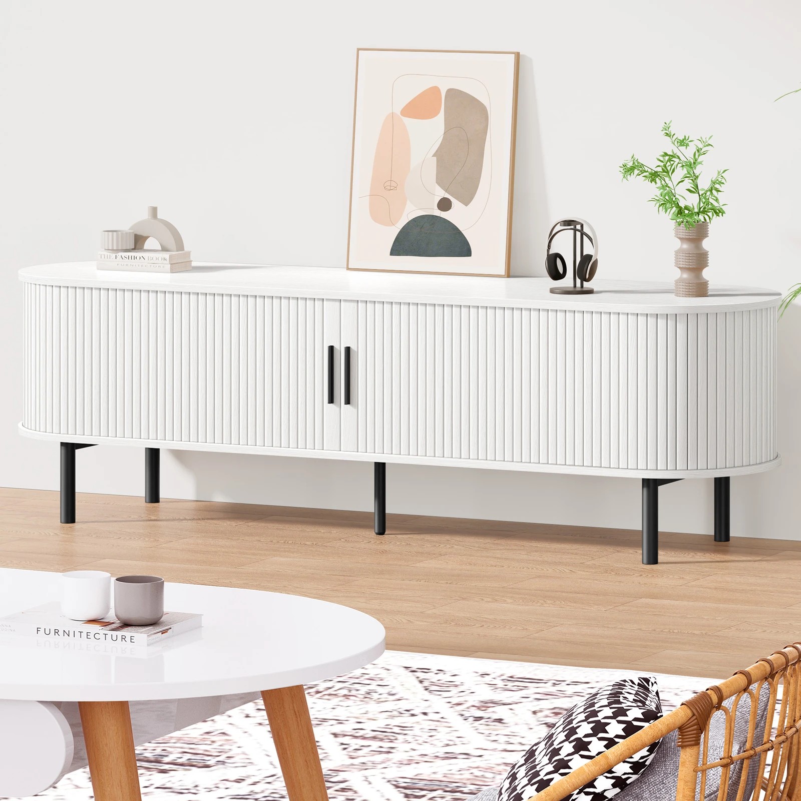 2 Alfordson Entertainment Unit TV Cabinet Stand 160cm Tambour Sliding Doors - White, 2 of 4