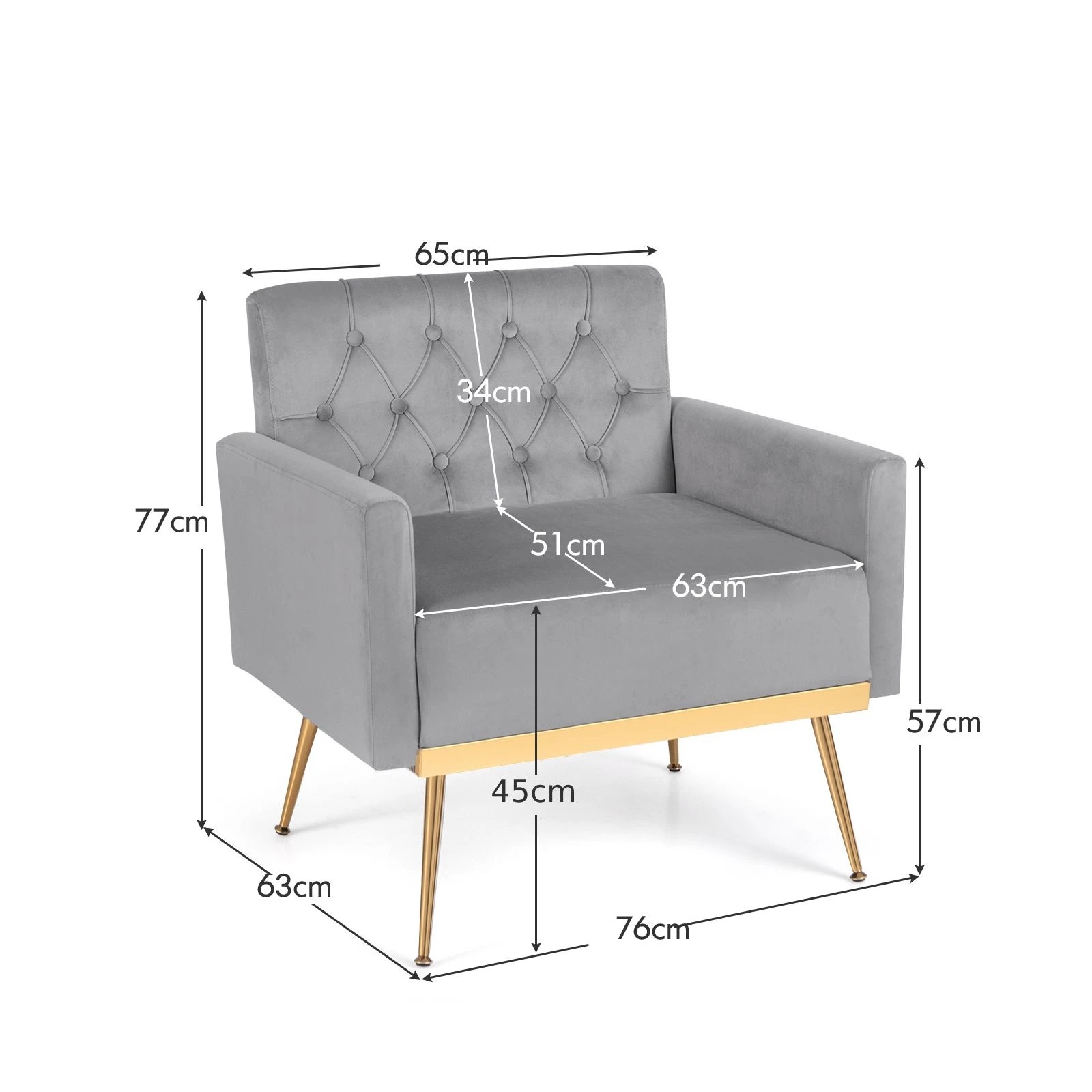 5 Costway Modern Accent Armchair Velvet Sofa Chair w/Button Tufted Back & Golden Metal Legs - Grey, 5 of 5