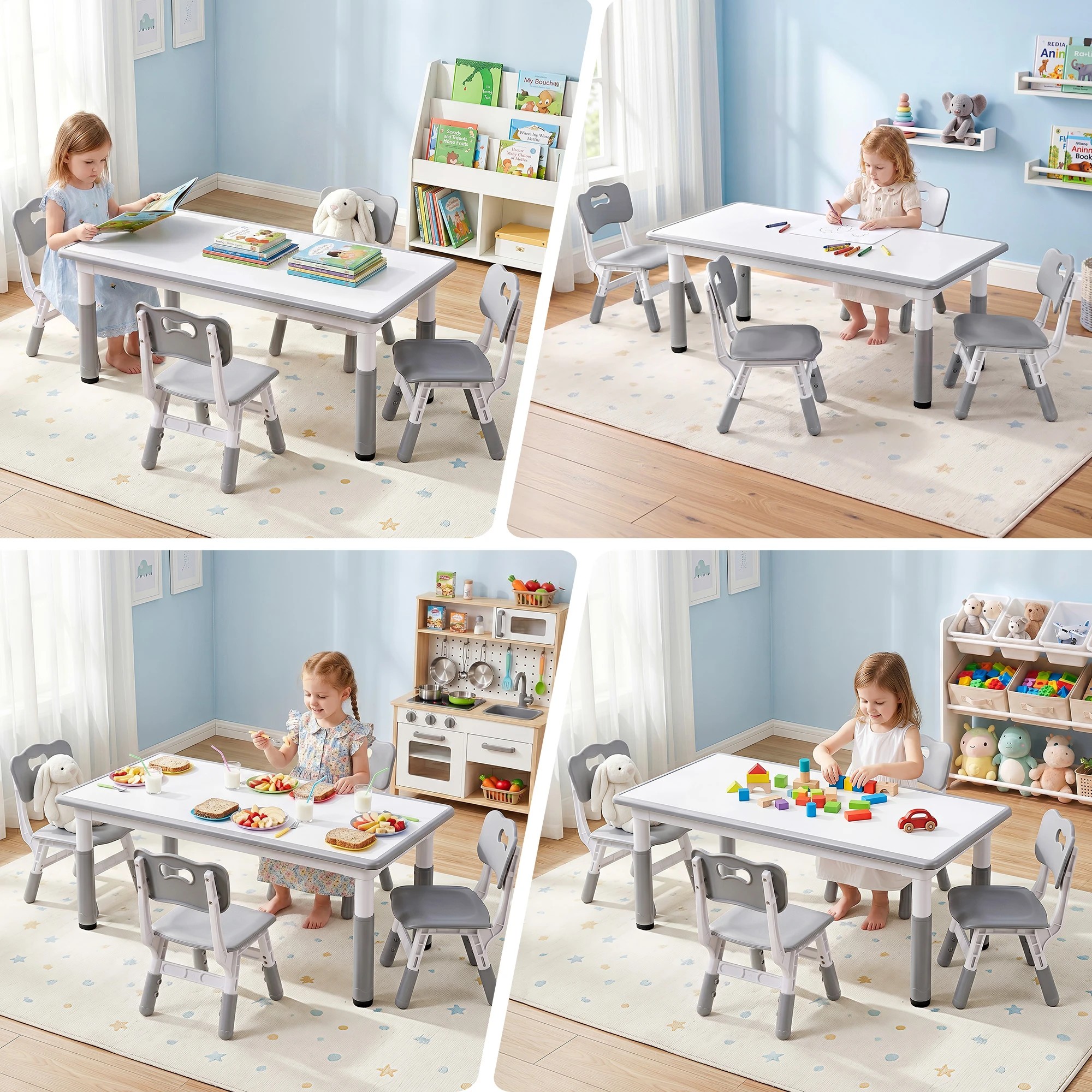 7 Keezi Kids Table and 4 Chairs Set Height Adjustable Toddler Activity Table Graffiti Top - Multi, 7 of 9
