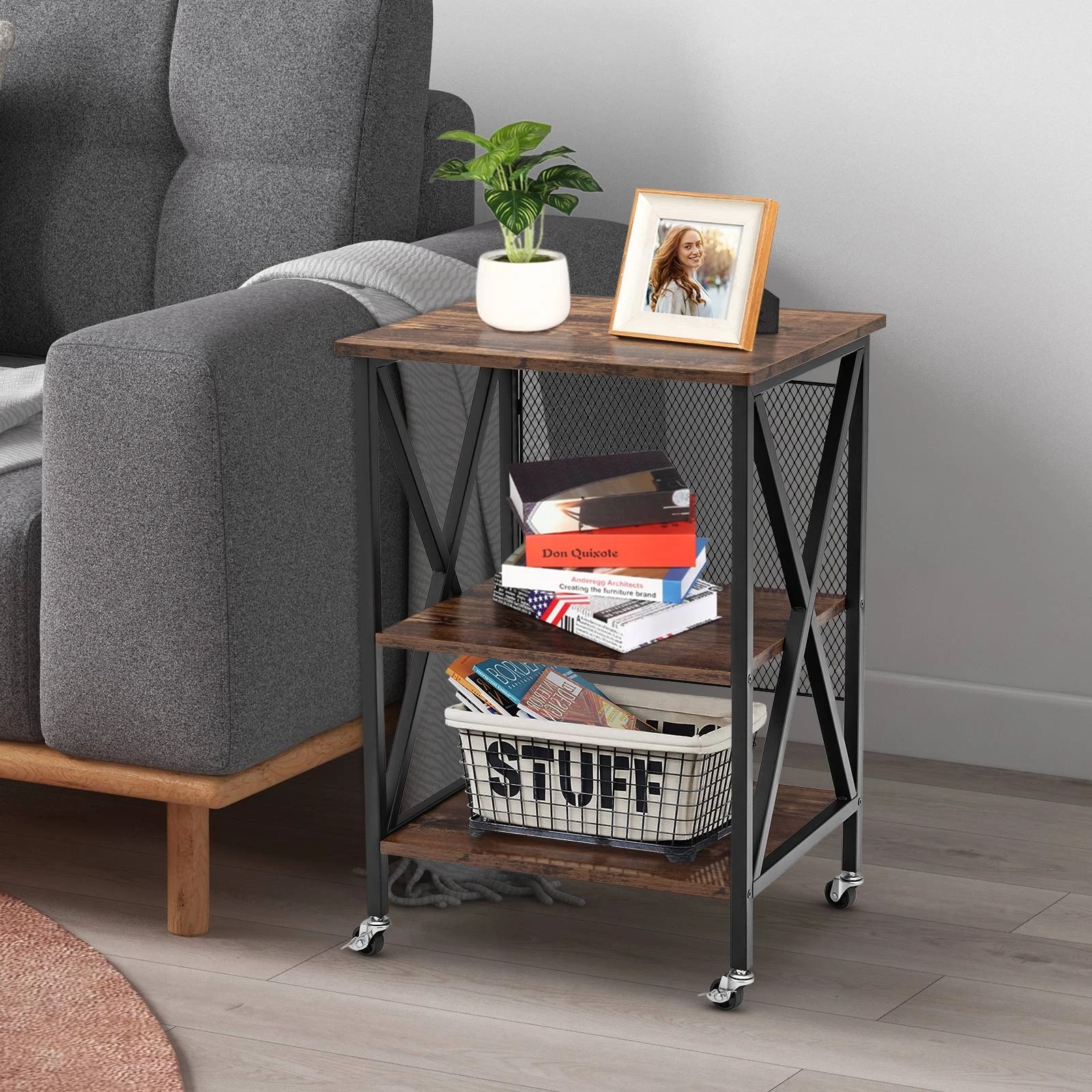 8 Costway Rolling Record Player Stand 3-Tier Side End Table, 8 of 10