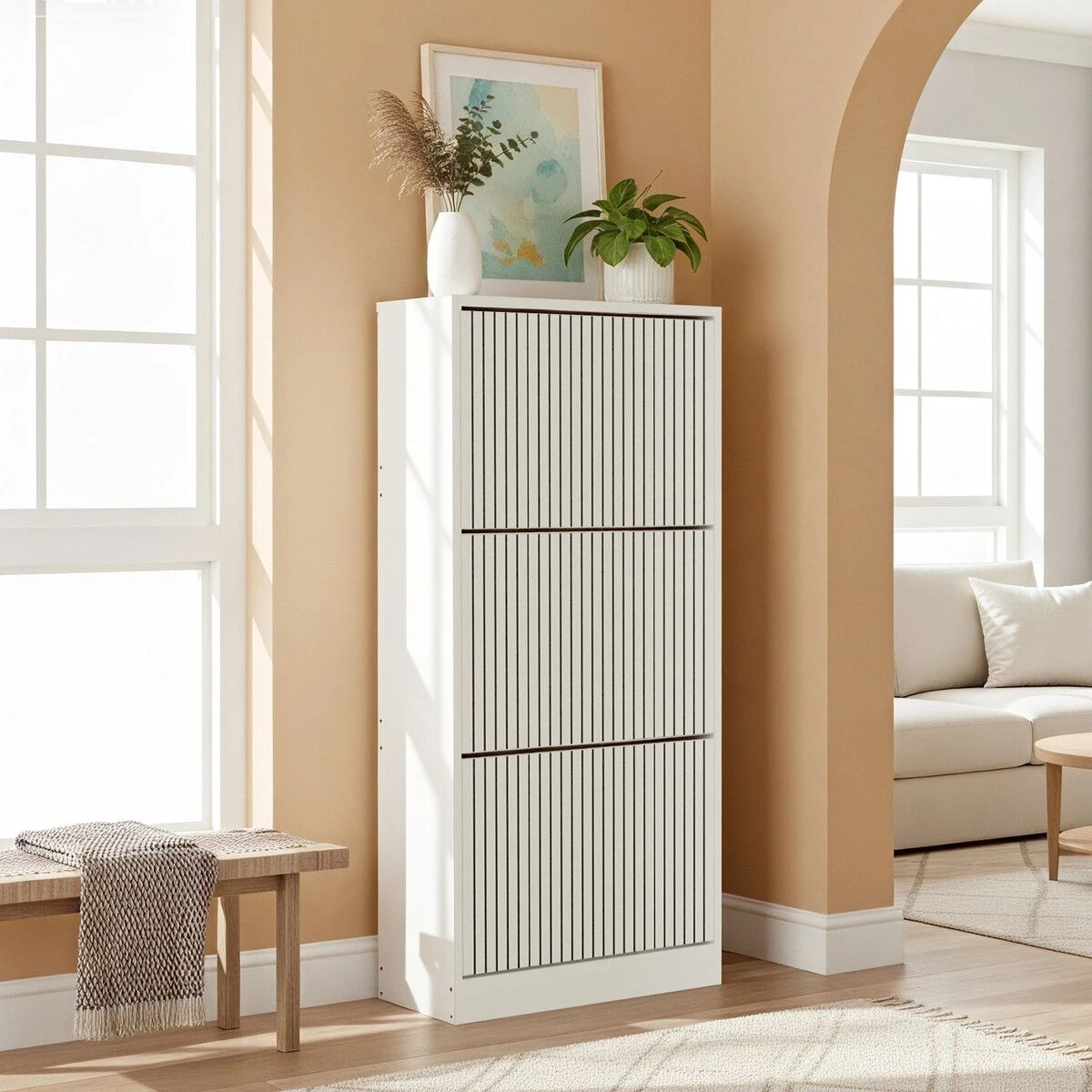 2 Ausway White Shoe Cabinet Rack Cupboard 3 Doors Shelf - White, 2 of 5